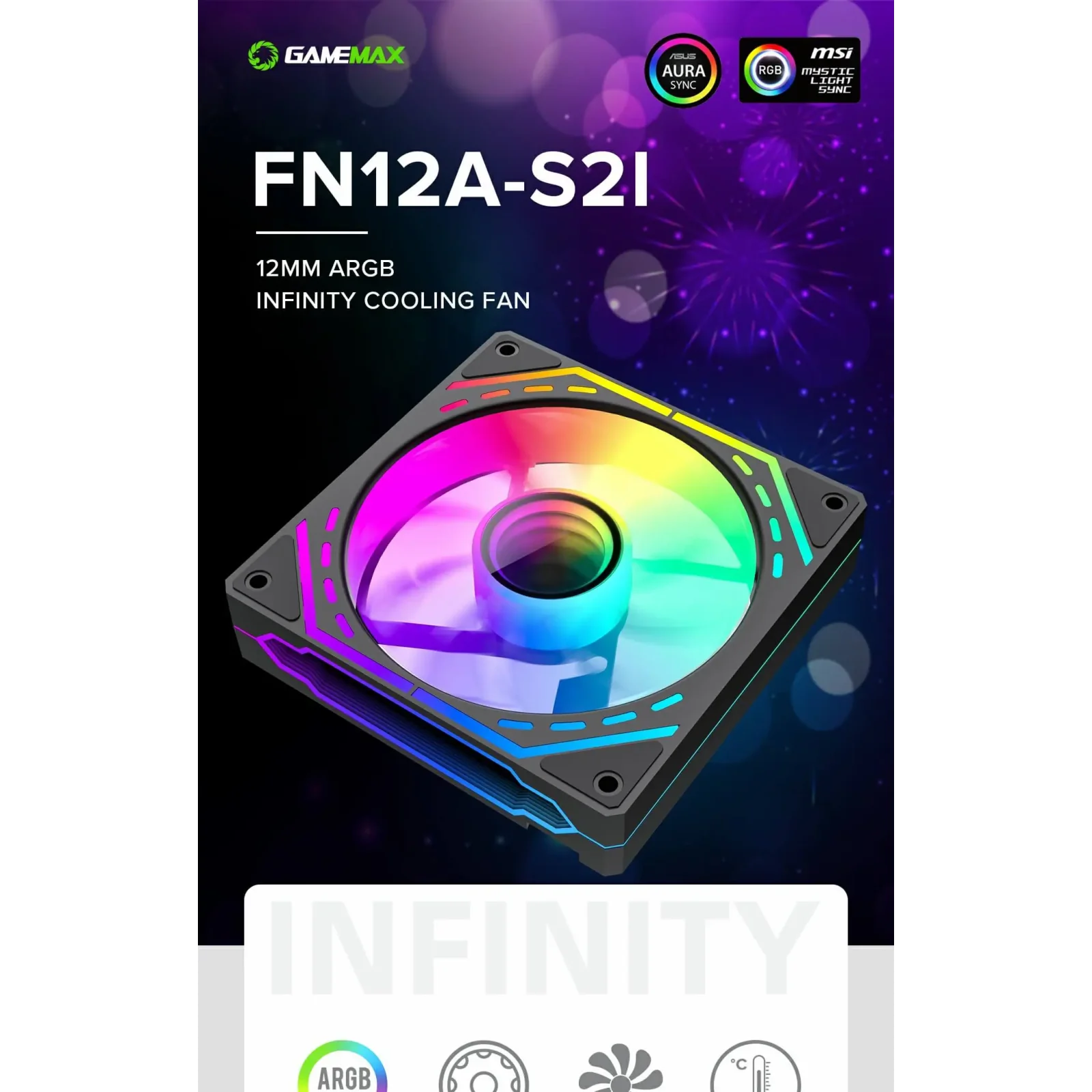 Кулер для корпусу GAMEMAX 120 мм, 4pin(M/F)/3pin(M/F), ARGB, PWM, чорна рамка FN12A-S2I (FN12A-S2I ) UA