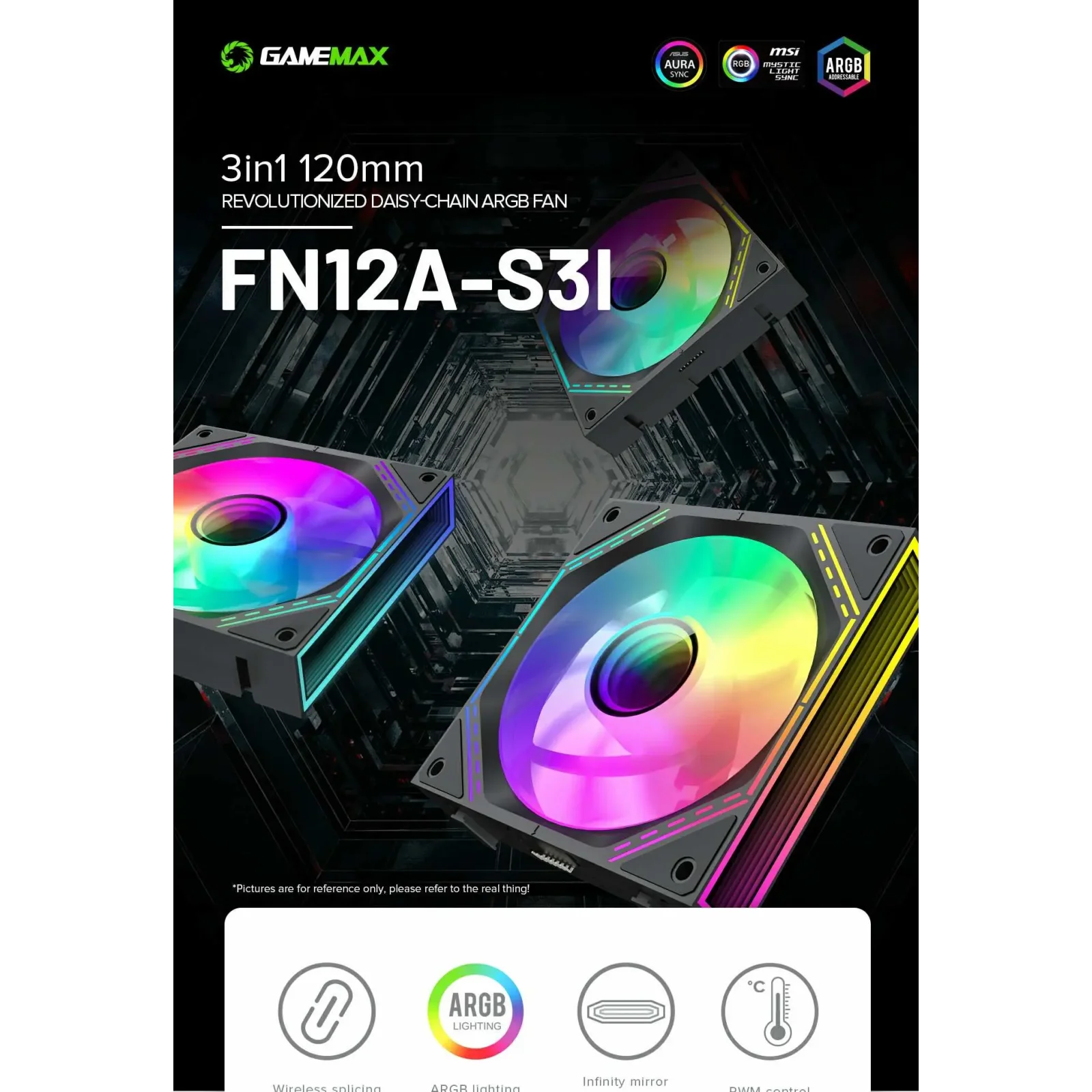 Кулер для корпусу GAMEMAX КІТ 3х120мм,4pin(M/F)/3pin(M/F) , ARGB, PWM, чорна рамка FN12A-S3I (FN12A-S3I ) UA