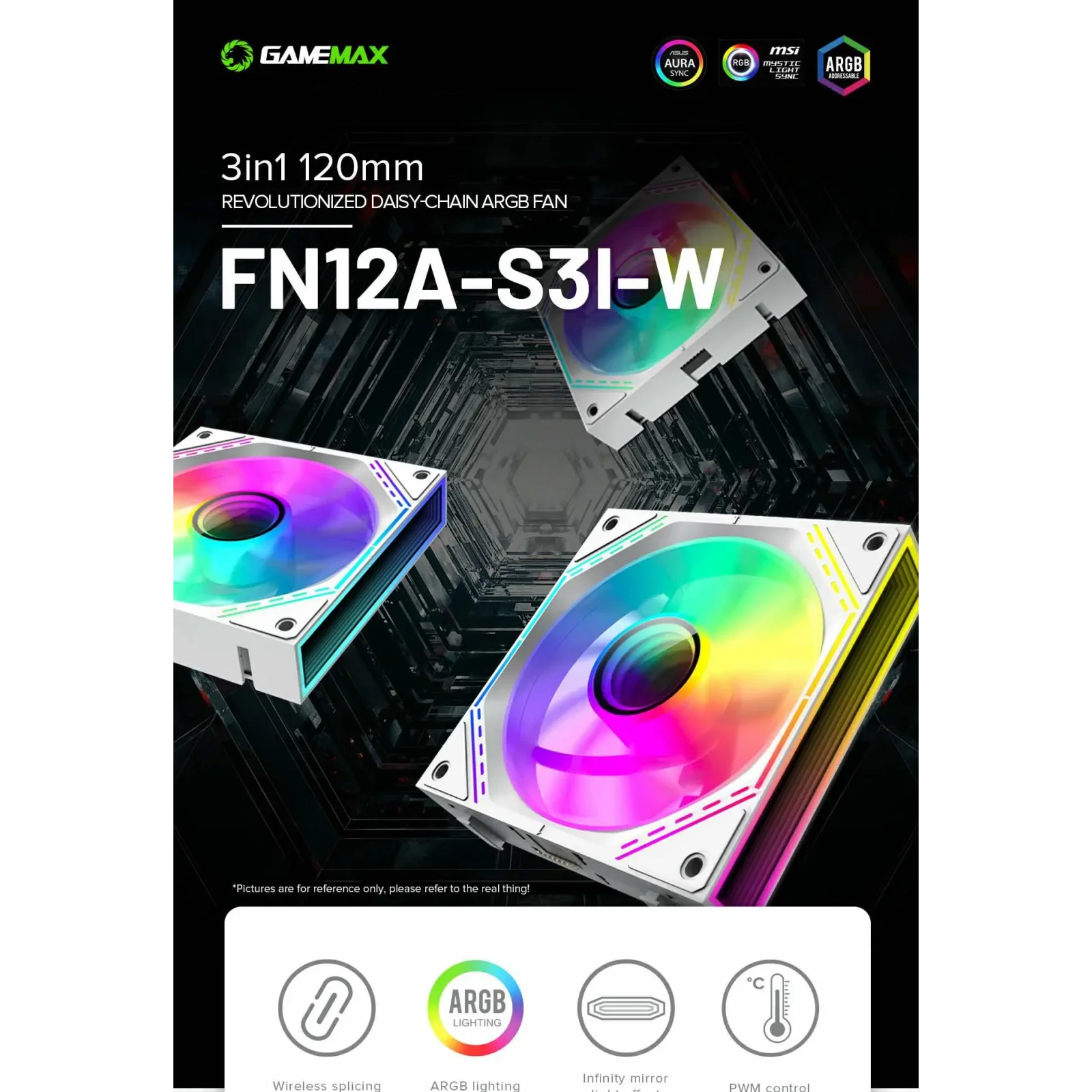 Кулер для корпусу GAMEMAX КІТ 3х120мм,4pin(M/F)/3pin(M/F) , ARGB, PWM, білий, FN12A-S3I-W UA