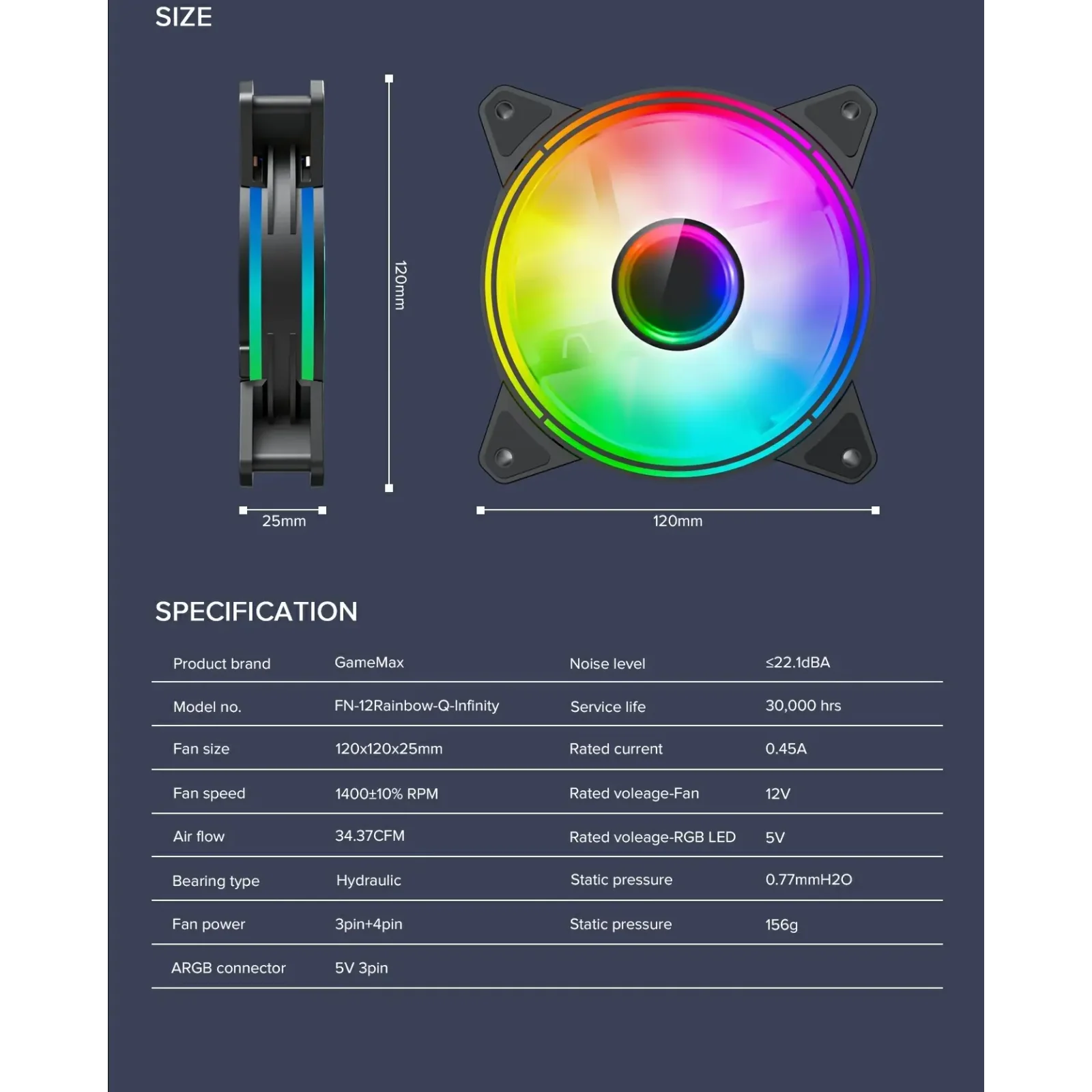 Кулер для корпусу GAMEMAX 120 мм, 3pin(M/F)/3+4pin Molex ARGB, чорна рамка FN-12Rainbow-Q-Infinity (FN-12Rainbow-Q-Infinity ) UA