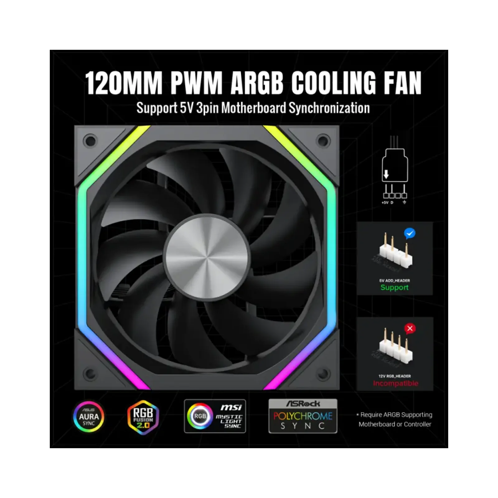 Кулер для корпусу GAMEMAX 120 мм, 4pin(M/F)/3pin(M/F), ARGB, PWM, чорний FN12A-N2 UA