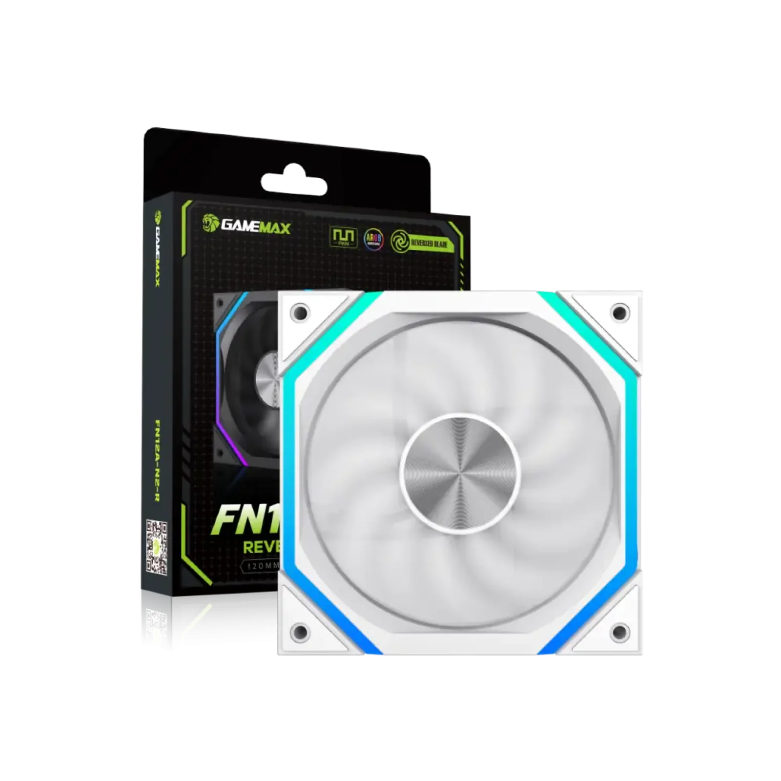 Кулер для корпусу GAMEMAX 120 мм, 4pin(M/F)/3pin(M/F), ARGB, PWM, білий, реверсивний FN12A-N2-RW UA