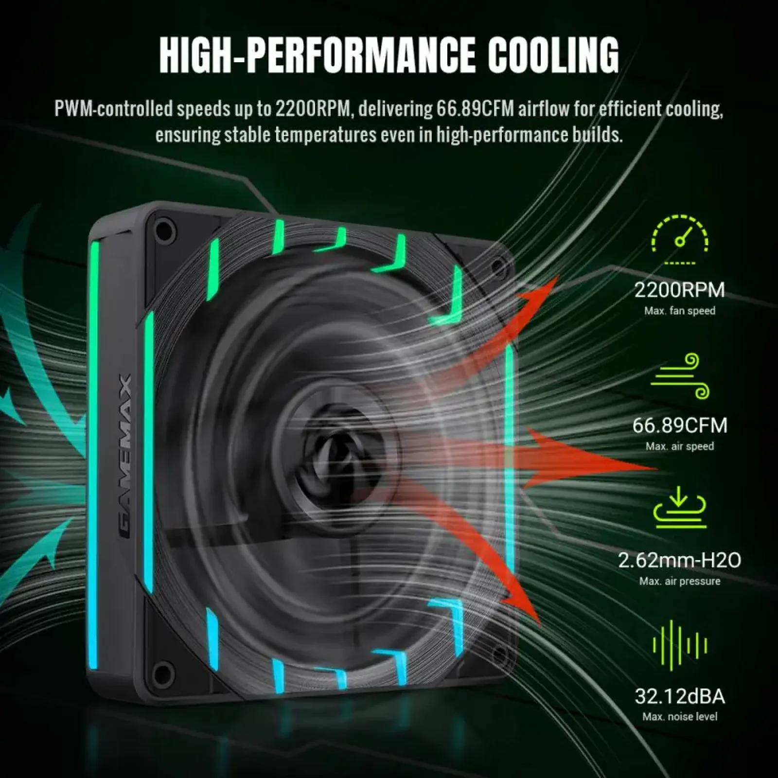 Кулер для корпуса GAMEMAX 120мм 3pin AURA (M/F)&4pin PWM Air Flow66.89 CFM Static Air Pressure2.62mm - H2ON Tornado T12 ARGB-R UA