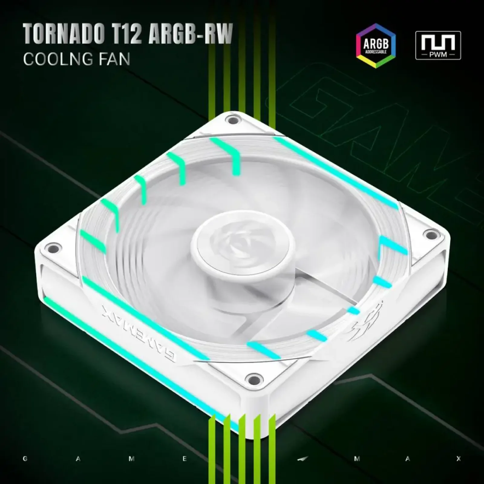 Кулер для корпуса GAMEMAX 120мм 3pin AURA (M/F)&4pin PWM Air Flow66.89 CFM Static Air Pressure2.62mm - H2ON Tornado T12 ARGB-RW UA