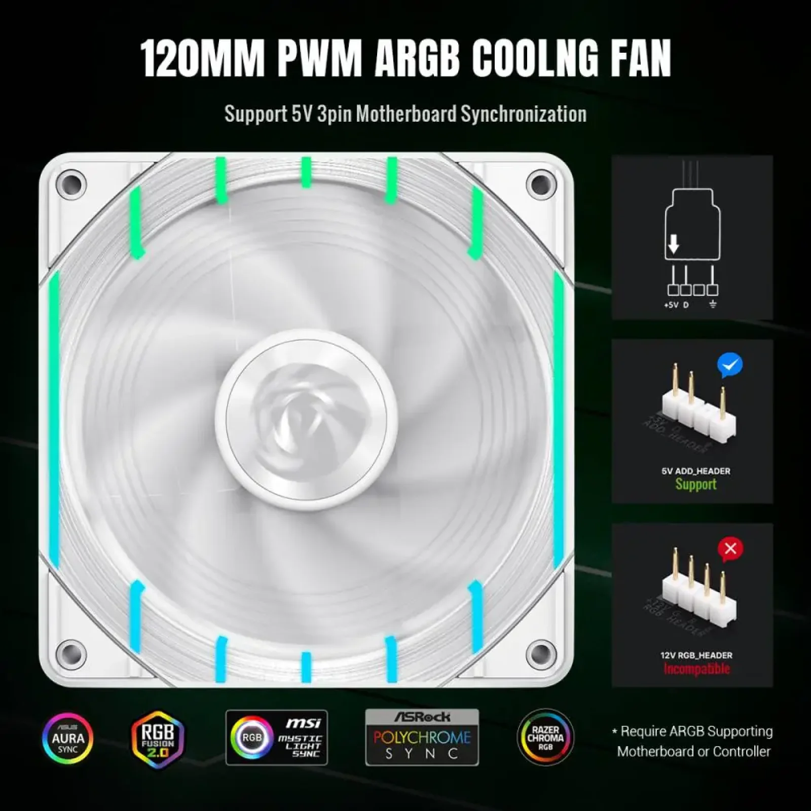 Кулер для корпуса GAMEMAX 120мм 3pin AURA (M/F)&4pin PWM Air Flow66.89 CFM Static Air Pressure2.62mm - H2ON Tornado T12 ARGB-RW UA