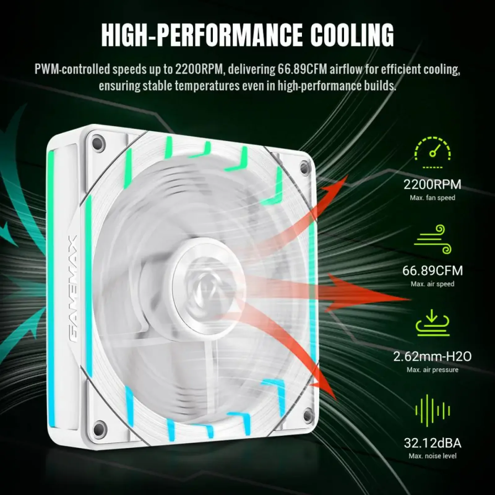 Кулер для корпуса GAMEMAX 120мм 3pin AURA (M/F)&4pin PWM Air Flow66.89 CFM Static Air Pressure2.62mm - H2ON Tornado T12 ARGB-RW UA