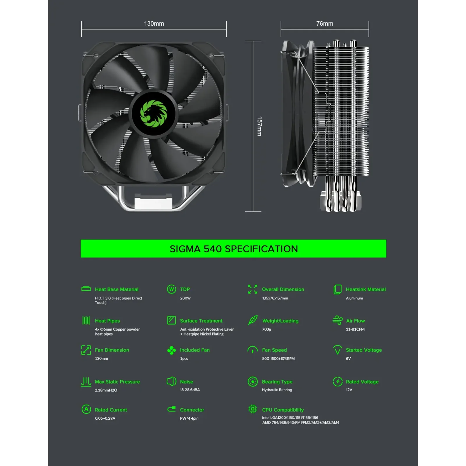Процесорний кулер GAMEMAX Intel/AMD,TDP 200W,Intel LGA: 20XX/115X/1200/1700;AMD:AM2+/AM3/AM4/AM5 Sigma 540 UA