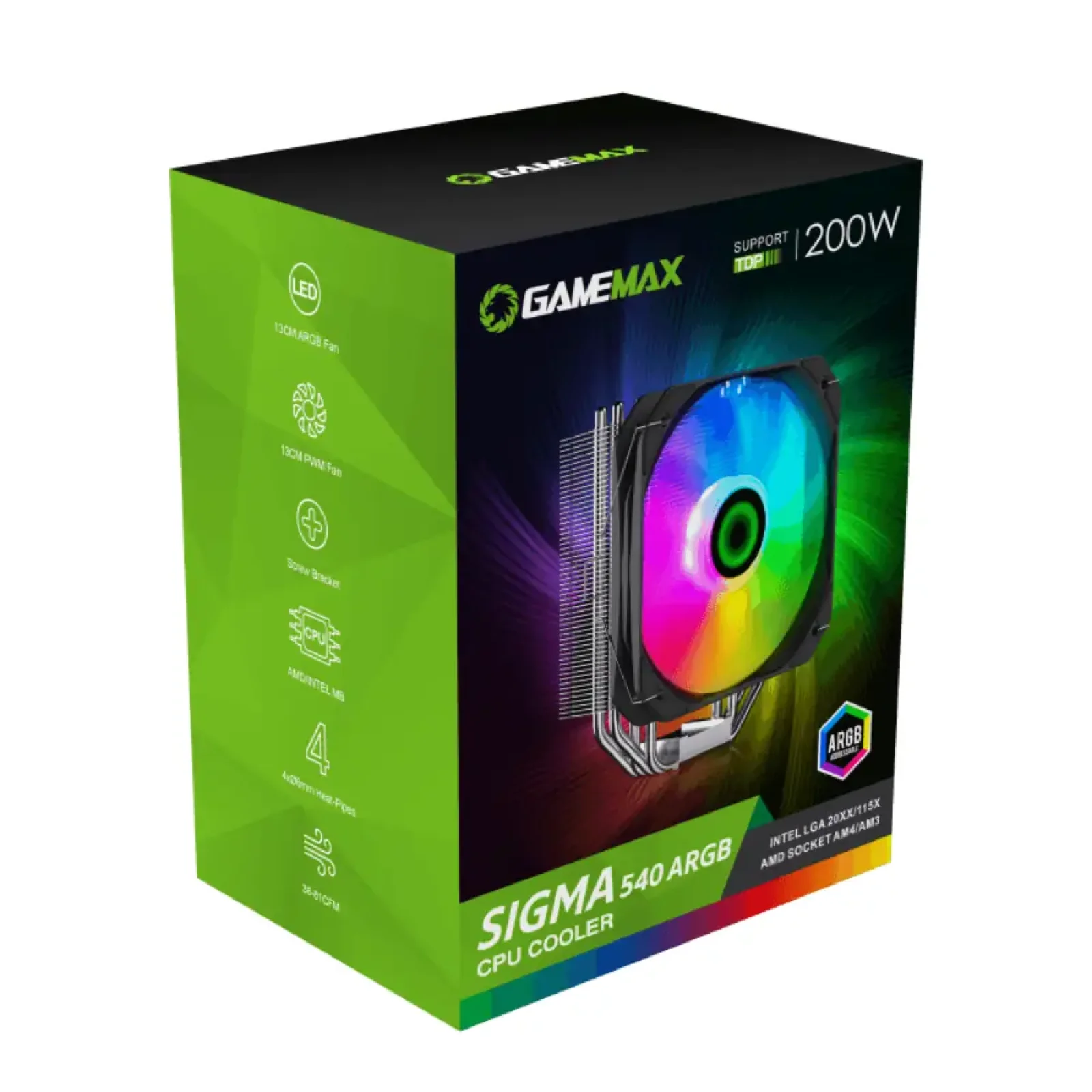 Процесорний кулер GAMEMAX Intel/AMD,TDP 200W,Intel LGA: 20XX/115X/1200/1700;AMD:AM2+/AM3/AM4/AM5 Sigma 540 ARGB UA
