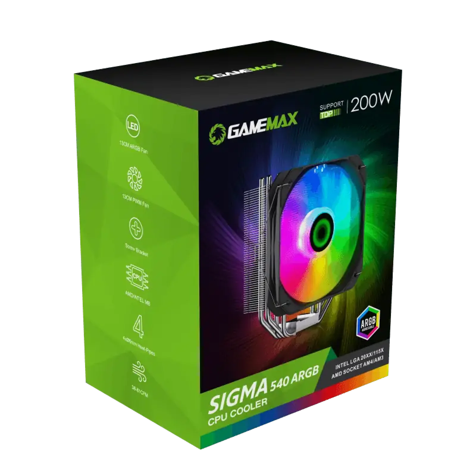 Процесорний кулер GAMEMAX Intel/AMD,TDP 200W,Intel LGA: 20XX/115X/1200/1700;AMD:AM2+/AM3/AM4/AM5 Sigma 540 ARGB UA