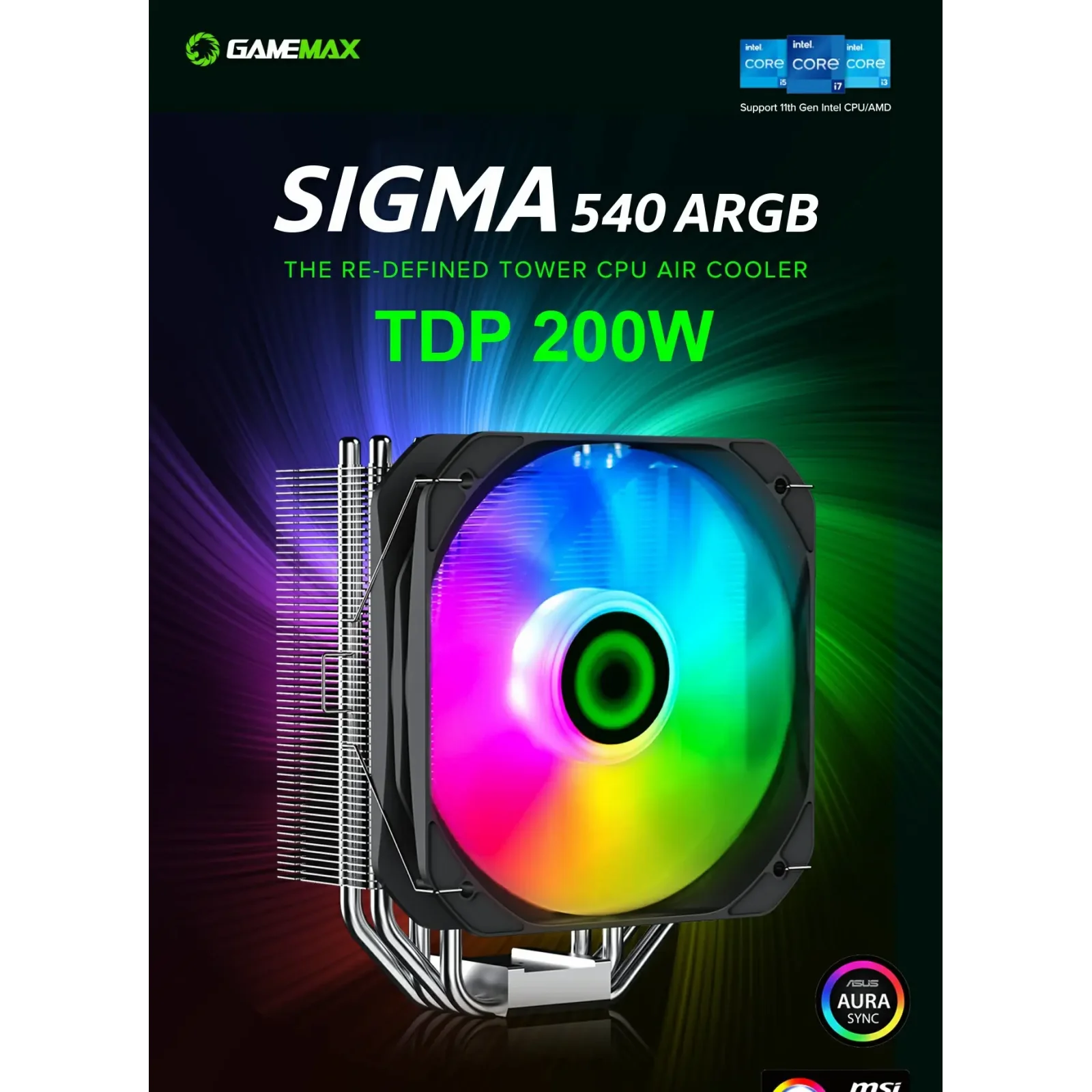 Процесорний кулер GAMEMAX Intel/AMD,TDP 200W,Intel LGA: 20XX/115X/1200/1700;AMD:AM2+/AM3/AM4/AM5 Sigma 540 ARGB UA