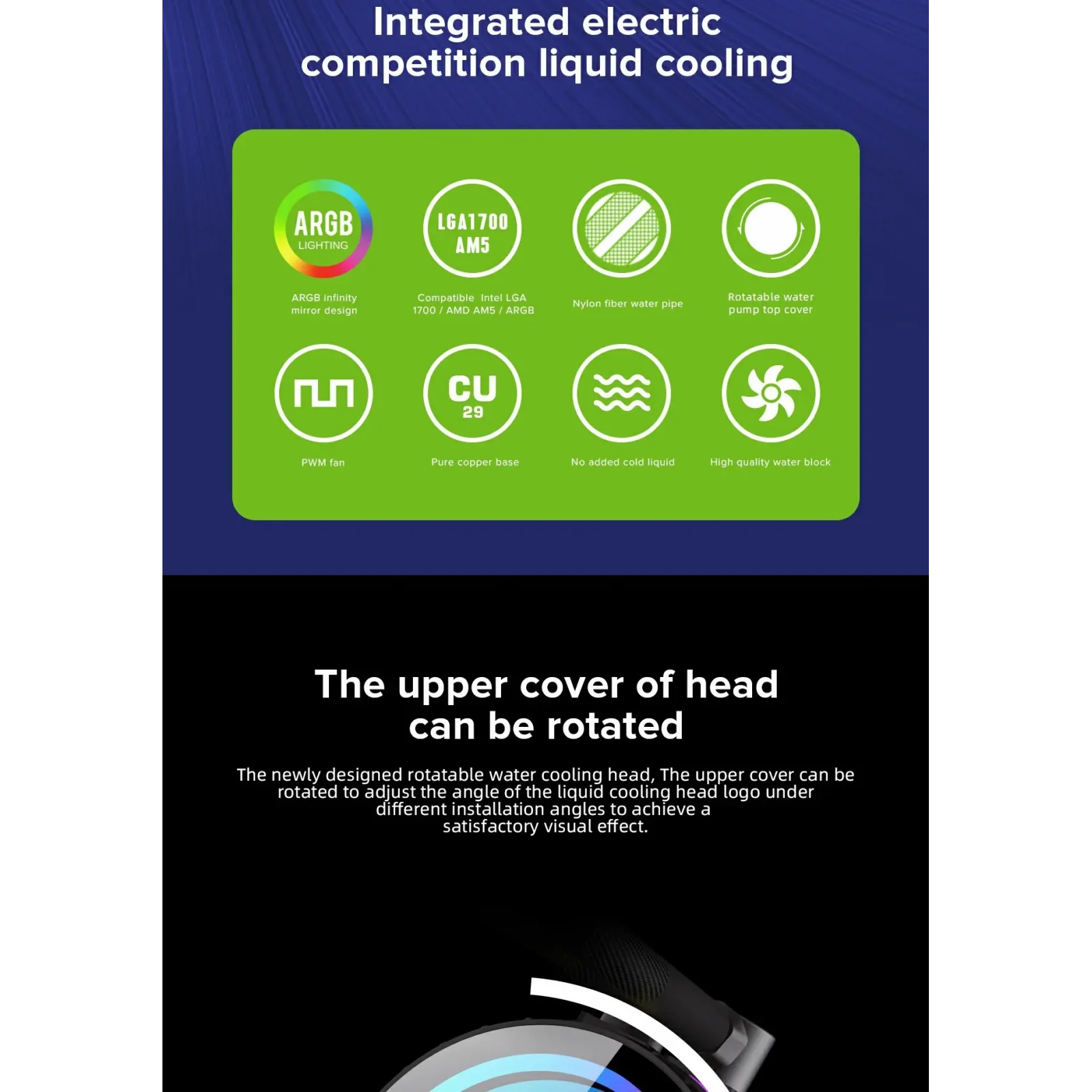 Процесорний кулер GAMEMAX 62.82 CFM, 1.89mmH20, 32dBA, 800 -2000RPM water pump: RPM 2300, NOICE 26.9dBA, Con IceBurg 360 Infinity UA