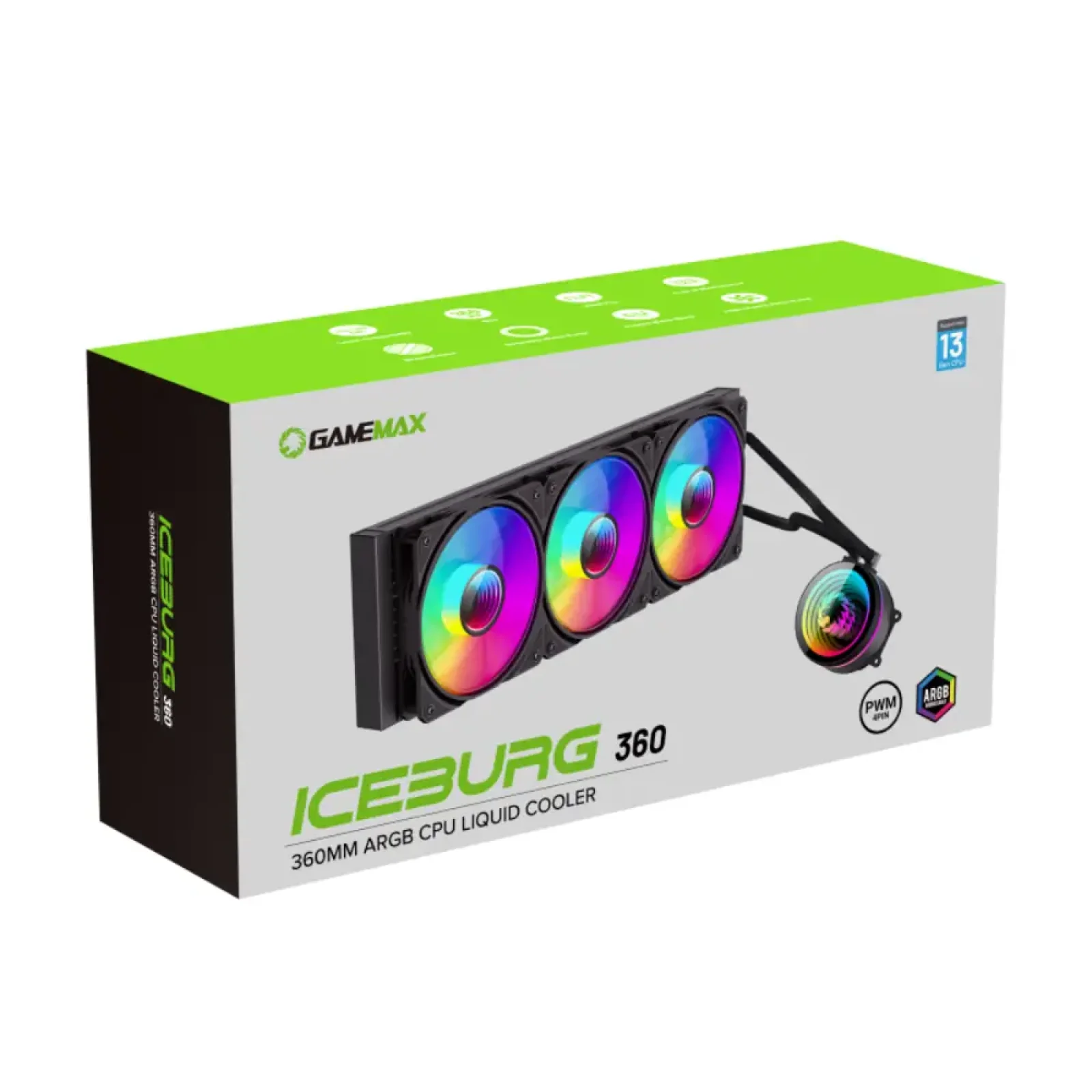 Процесорний кулер GAMEMAX 62.82 CFM, 1.89mmH20, 32dBA, 800 -2000RPM water pump: RPM 2300, NOICE 26.9dBA, Con IceBurg 360 Infinity UA
