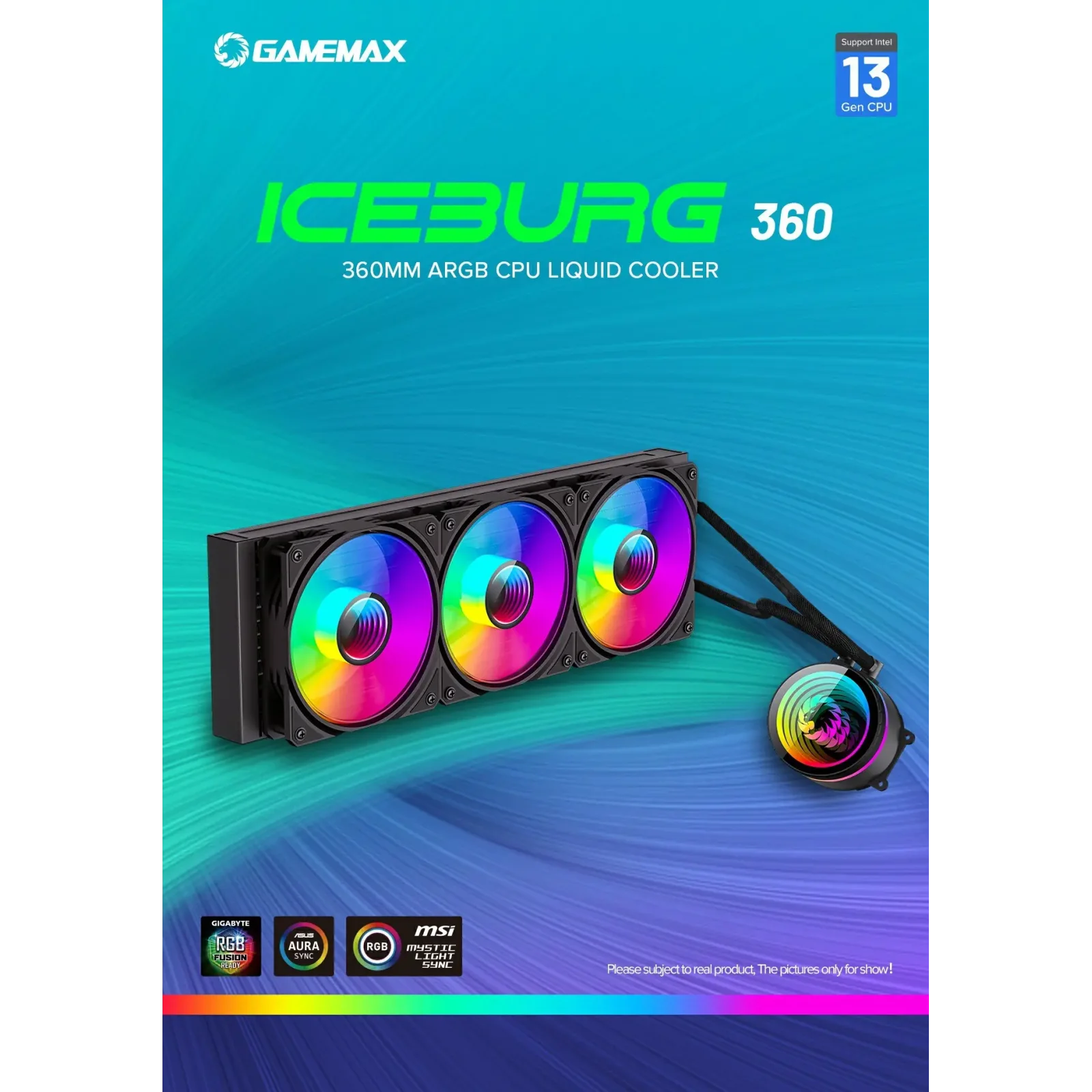 Процесорний кулер GAMEMAX 62.82 CFM, 1.89mmH20, 32dBA, 800 -2000RPM water pump: RPM 2300, NOICE 26.9dBA, Con IceBurg 360 Infinity UA