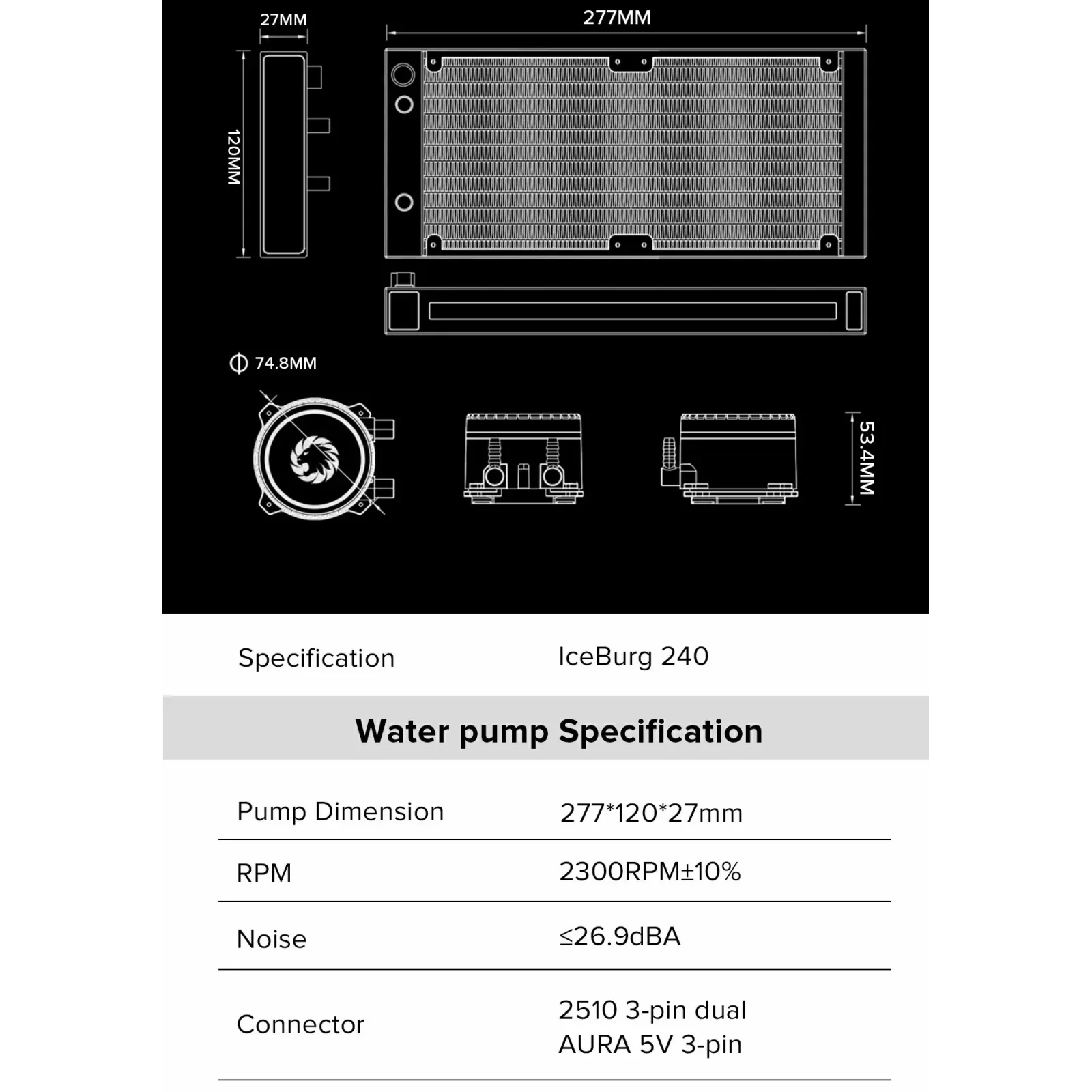 Процессорный кулер GAMEMAX 62.82 CFM, 1.89mmH20, 32dBA, 800 -2000RPM ,water pump: RPM 2300, NOICE 26.9dBA, Con IceBurg 240 Infinity UA