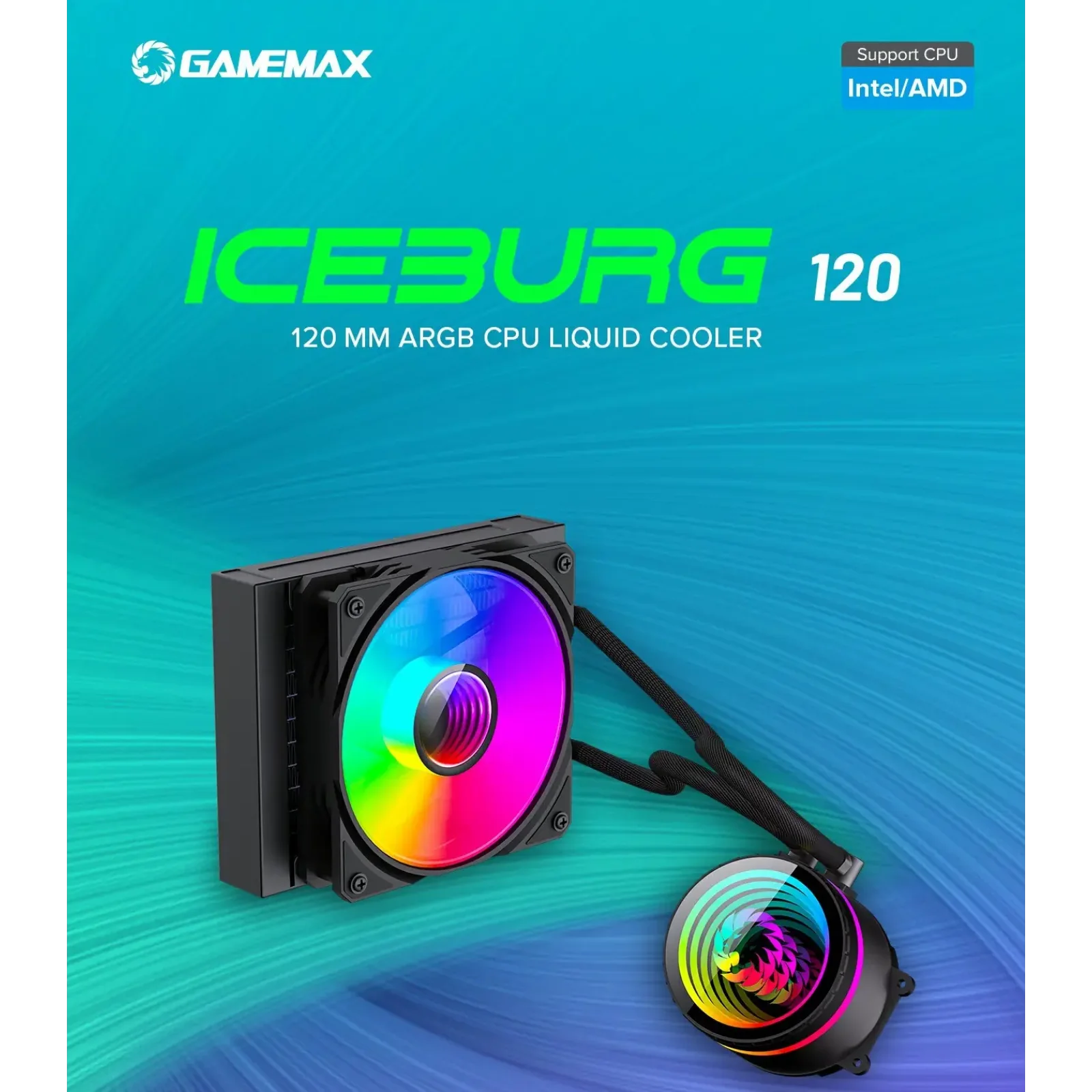 Процессорный кулер GAMEMAX 62.82 CFM, 1.89mmH20, 32dBA, 800 -2000RPM ,water pump: RPM 2300, NOICE 26.9dBA, Con Iceburg 120 Black infinity UA