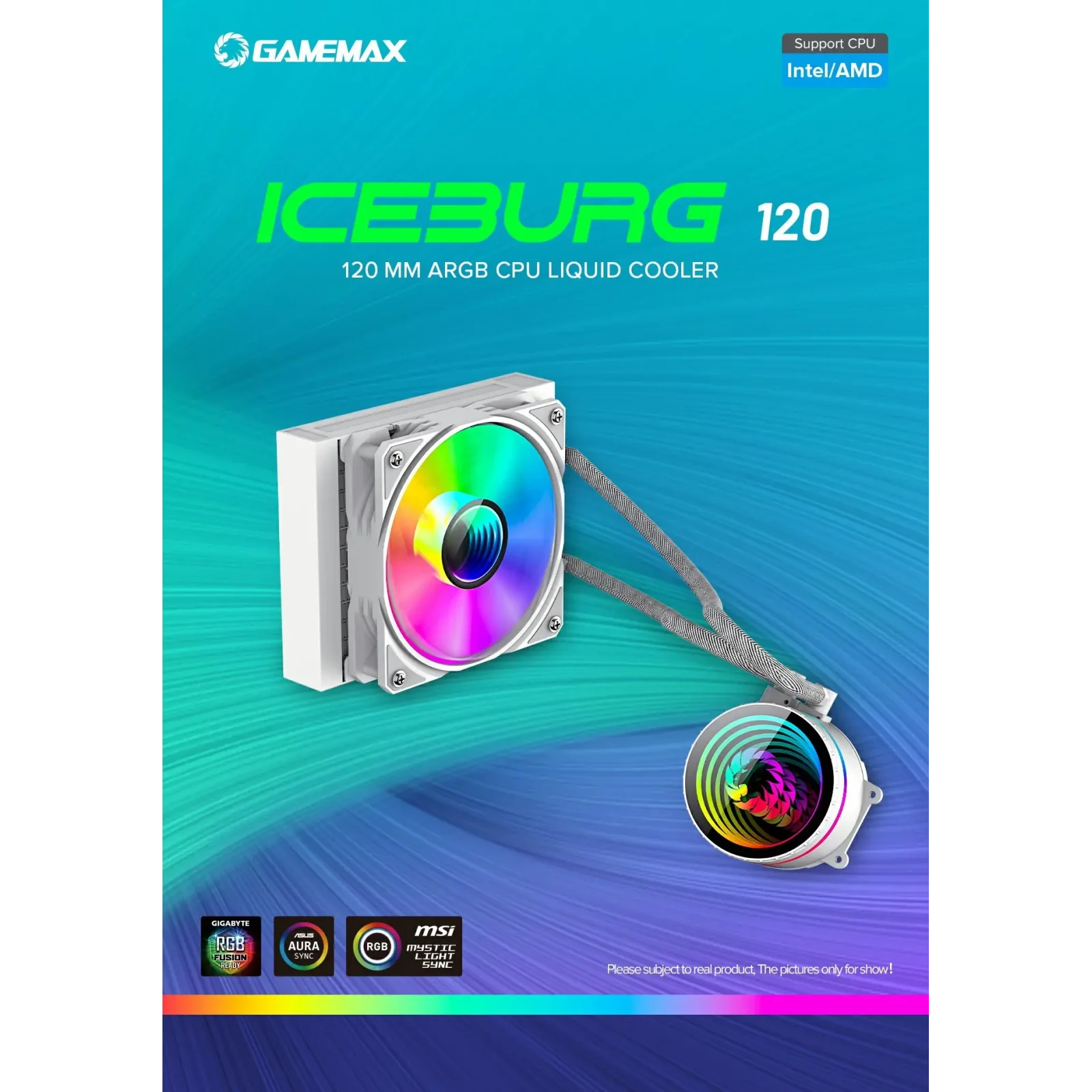 Процессорный кулер GAMEMAX 62.82 CFM, 1.89mmH20, 32dBA, 800 -2000RPM ,water pump: RPM 2300, NOICE 26.9dBA, Con Iceburg 120 White infinity UA