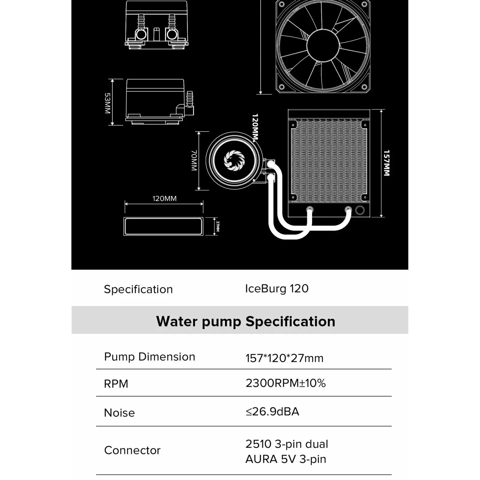 Процессорный кулер GAMEMAX 62.82 CFM, 1.89mmH20, 32dBA, 800 -2000RPM ,water pump: RPM 2300, NOICE 26.9dBA, Con Iceburg 120 White infinity UA