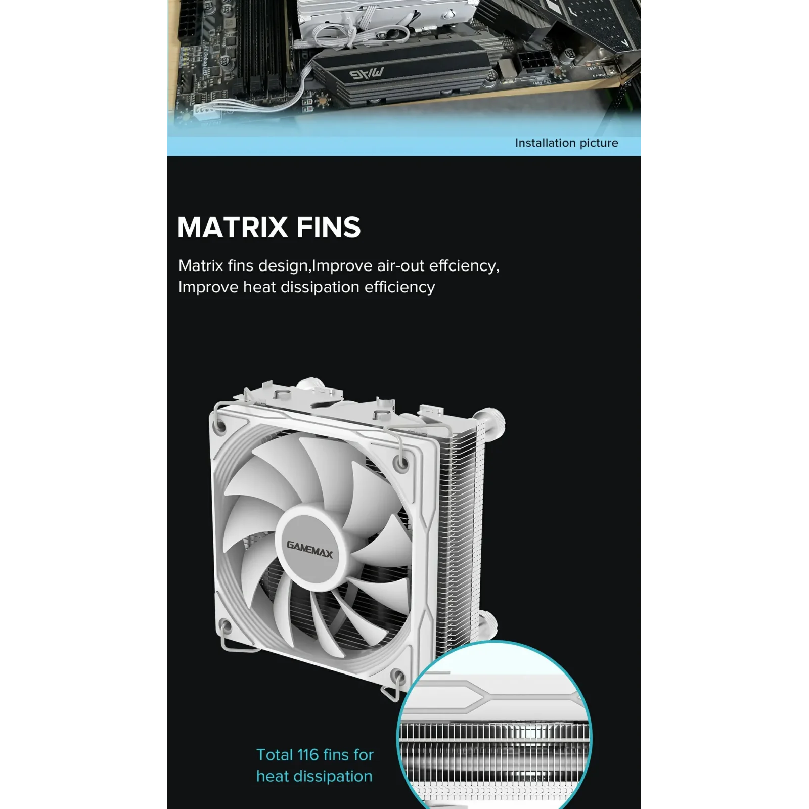 Процесорний кулер GAMEMAX Intel/AMD TDP 150W ,fan speed 10 00~3000RPM (PWM)±10%, air flow 48 CFM (MAX)Intel: Ice Surface Black UA