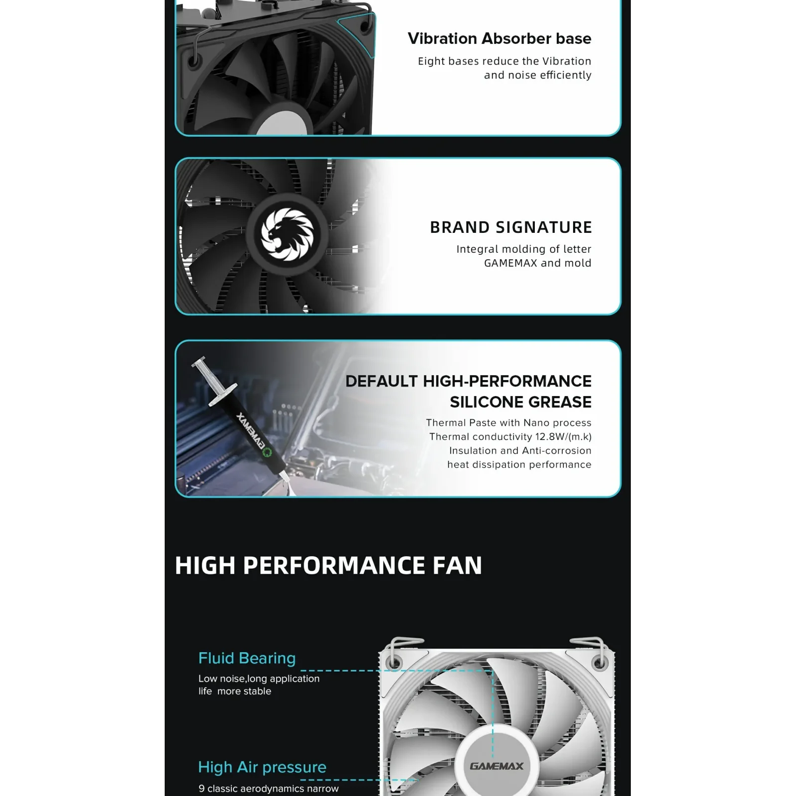 Процесорний кулер GAMEMAX Intel/AMD TDP 150W ,fan speed 10 00~3000RPM (PWM)±10%, air flow 48 CFM (MAX)Intel: Ice Surface Black UA