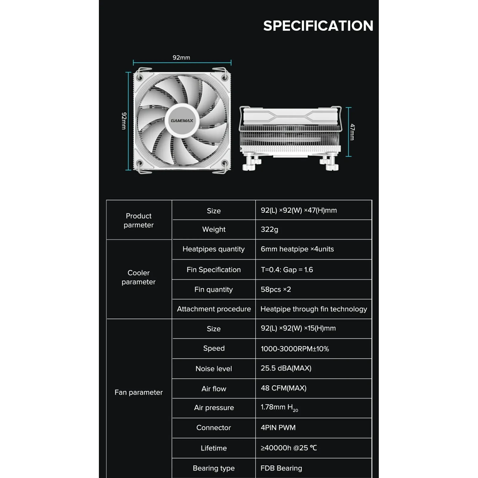 Процесорний кулер GAMEMAX Intel/AMD TDP 150W ,fan speed 10 00~3000RPM (PWM)±10%, air flow 48 CFM (MAX)Intel: Ice Surface Black UA
