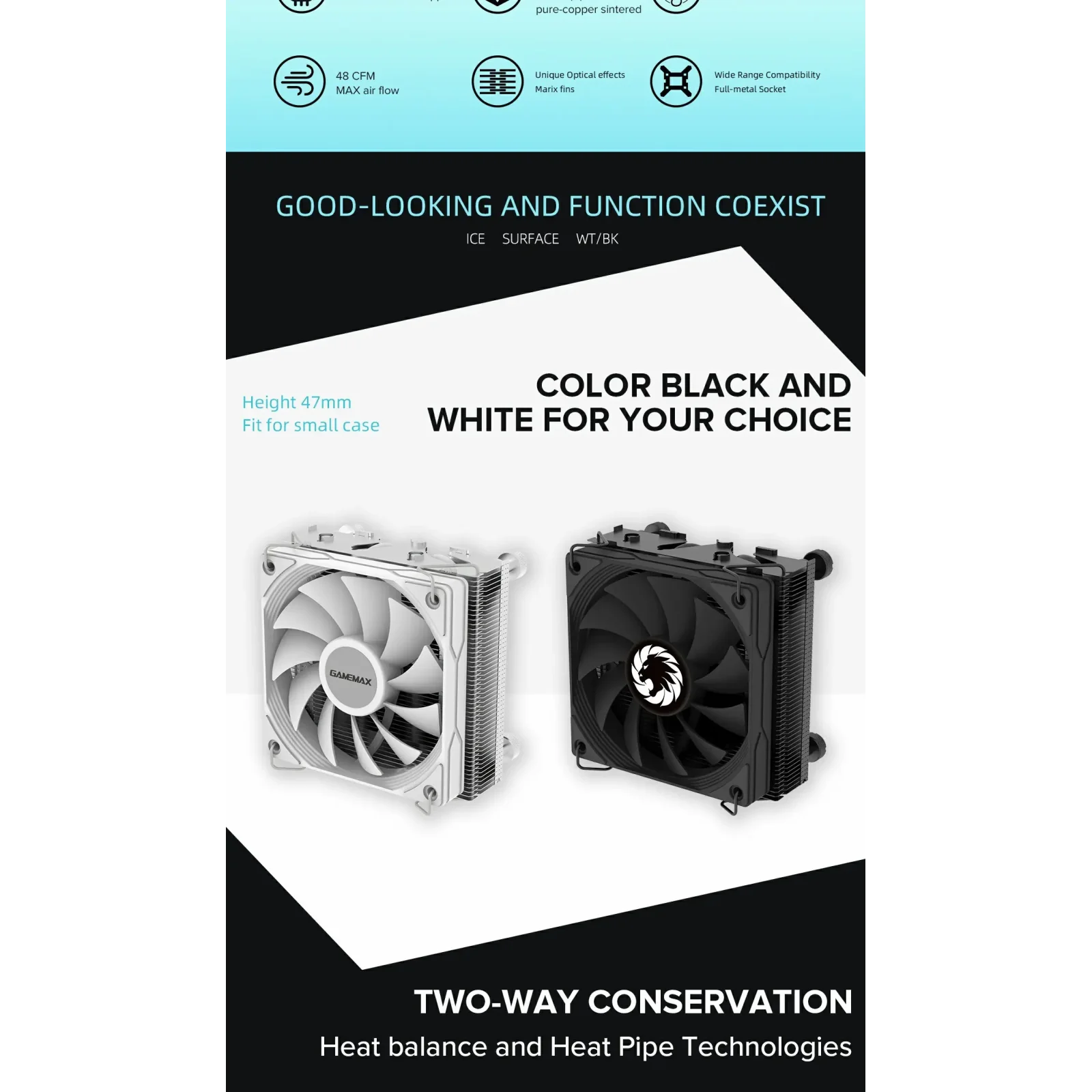 Процесорний кулер GAMEMAX Intel/AMD TDP 150W ,fan speed 10 00~3000RPM (PWM)±10%, air flow 48 CFM (MAX)Intel: Ice Surface Black UA