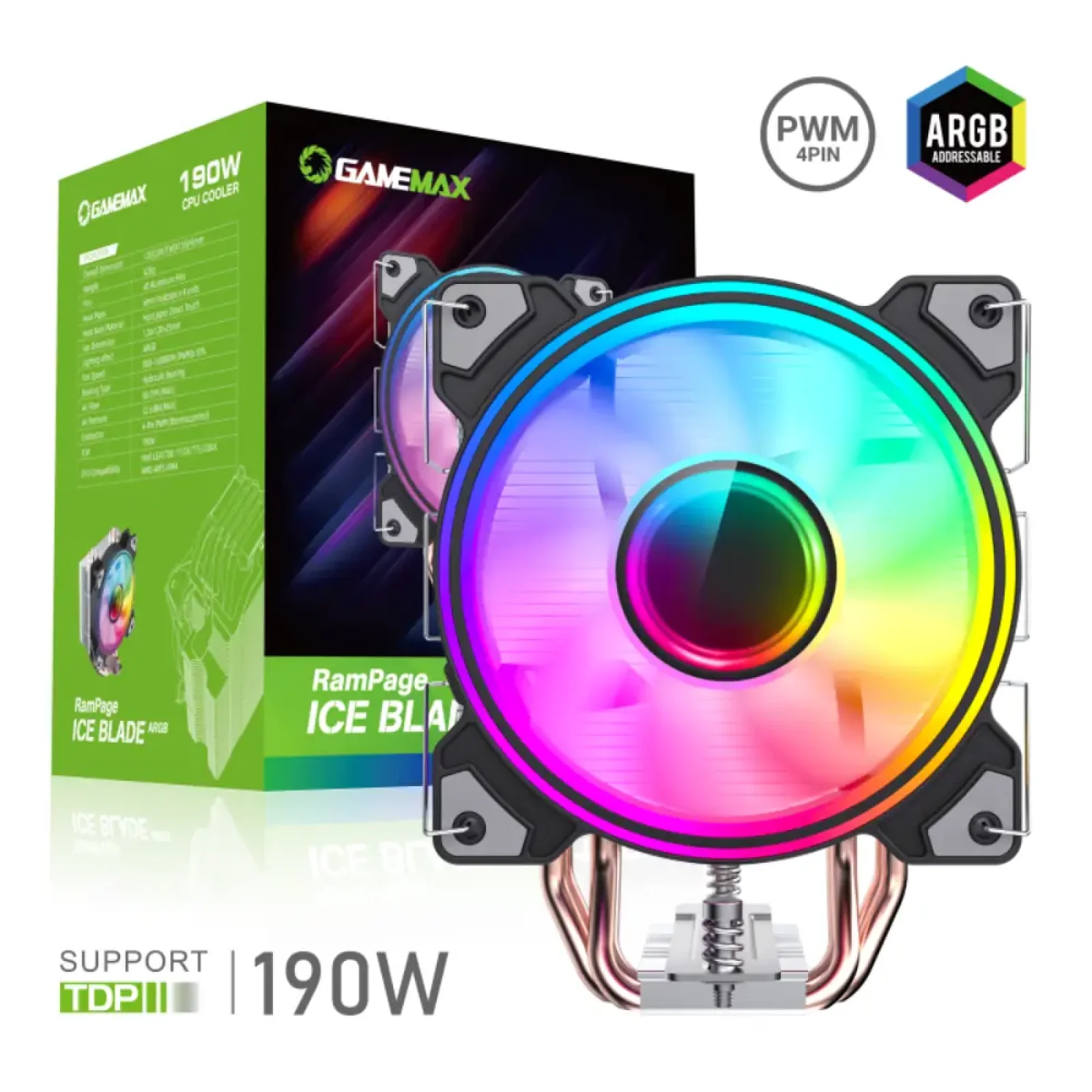 Процесорний кулер GAMEMAX Intel/AMD TDP 190W ,fan speed 80 0~1600RPM (PWM)±10%, air flow 68 CFM (MAX)Intel: L Ice Blade Argb UA