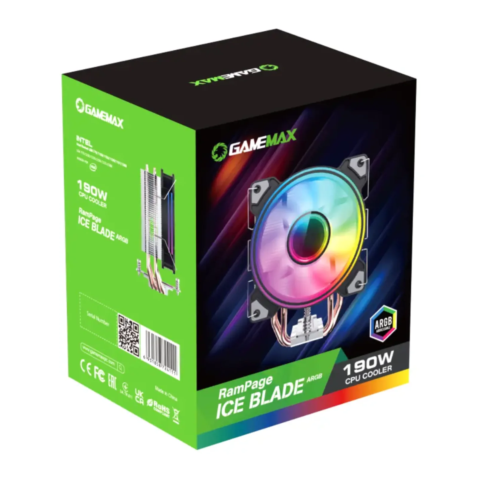 Процесорний кулер GAMEMAX Intel/AMD TDP 190W ,fan speed 80 0~1600RPM (PWM)±10%, air flow 68 CFM (MAX)Intel: L Ice Blade Argb UA