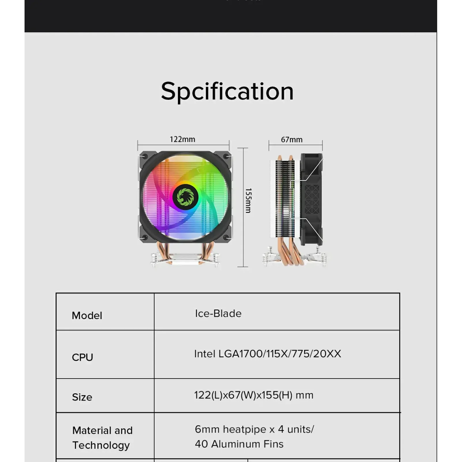 Процесорний кулер GAMEMAX Intel/AMD TDP 190W ,fan speed 80 0~1600RPM (PWM)±10%, air flow 68 CFM (MAX)Intel: L Ice Blade Frgb UA