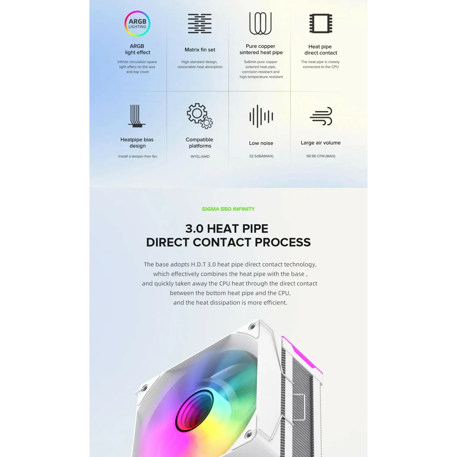Процесорний кулер GAMEMAX Intel/AMD,TDP 220W,Intel LGA: 1366/115X/1700/1851;AMD:AM4/AM5 Sigma 550 Infinity WH UA