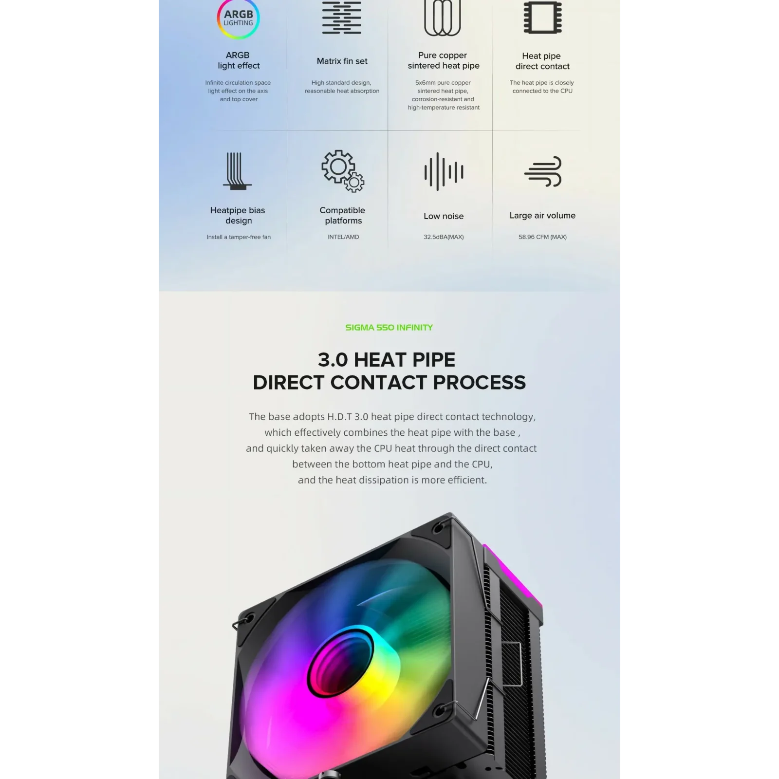 Процессорный кулер GAMEMAX Intel/AMD,TDP 220W,Intel LGA: 1366/115X/1700/1851;AMD:AM4/AM5 Sigma 550 Infinity BK UA