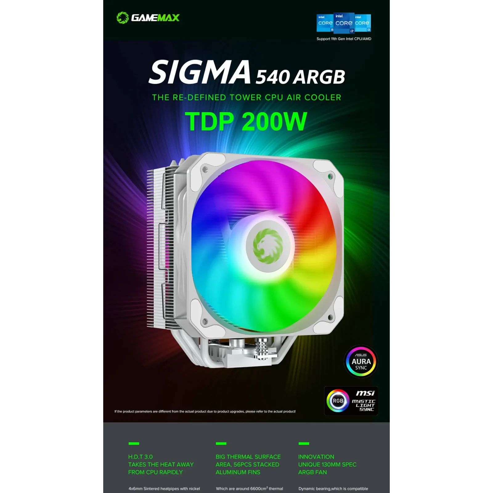 Процесорний кулер GAMEMAX Intel/AMD,TDP 200W,Intel LGA: 20XX/115X/1200/1700;AMD:AM2+/AM3/AM4/AM5 Sigma 540 ARGB WH UA
