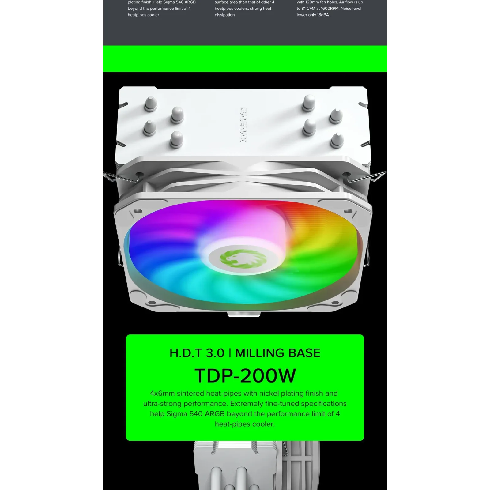 Процесорний кулер GAMEMAX Intel/AMD,TDP 200W,Intel LGA: 20XX/115X/1200/1700;AMD:AM2+/AM3/AM4/AM5 Sigma 540 ARGB WH UA