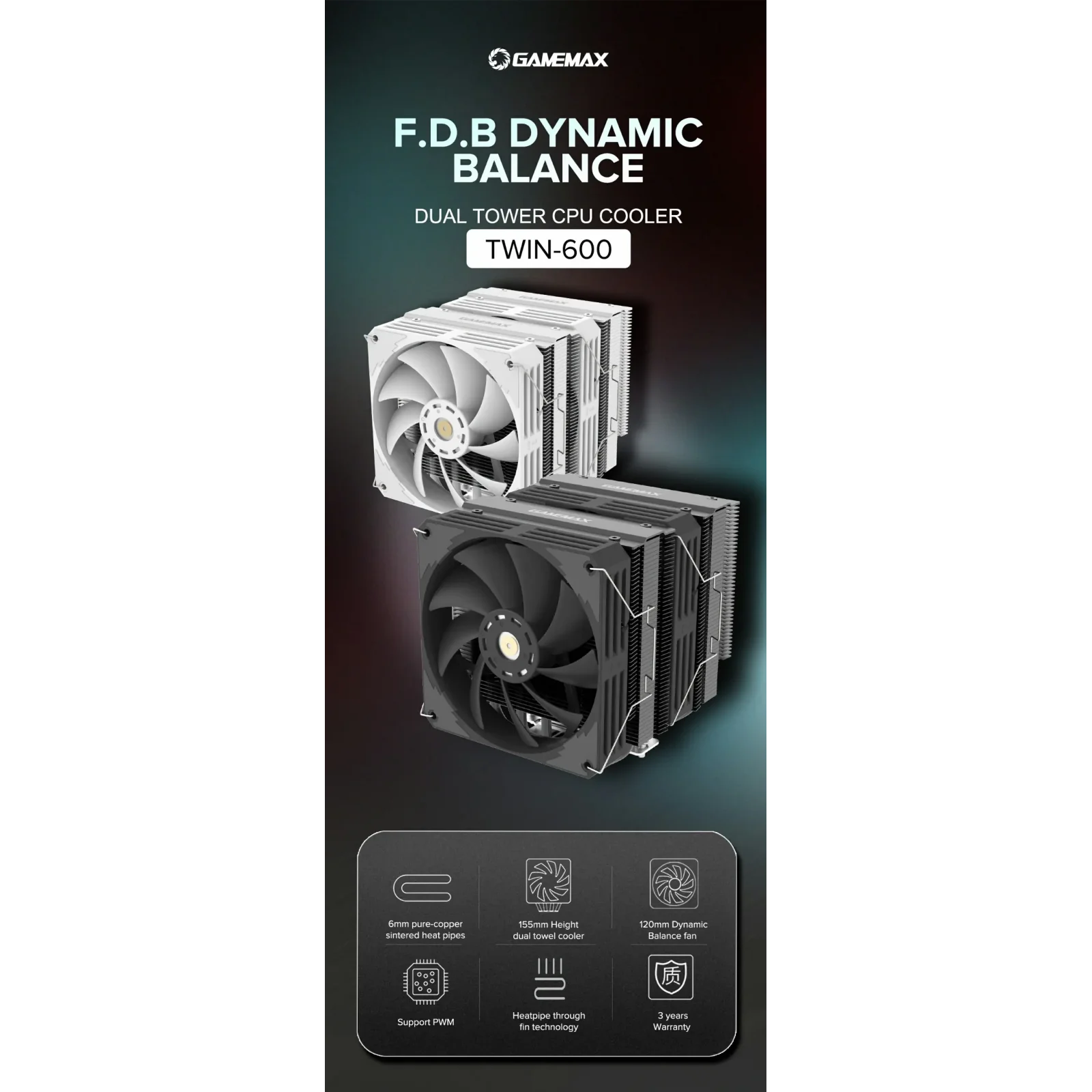 Процесорний кулер GAMEMAX Intel LGA1700/115X/1200 AMD  A M5/AM4TDP 250 Twin 600 Black UA