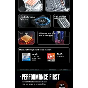 Процессорный кулер GAMEMAX Intel:1851/1700/1366/1200/115X; AMD: AM5/AM4, TDP 150W, Air Flow 48.8 CFM Gamma 90 Dark UA
