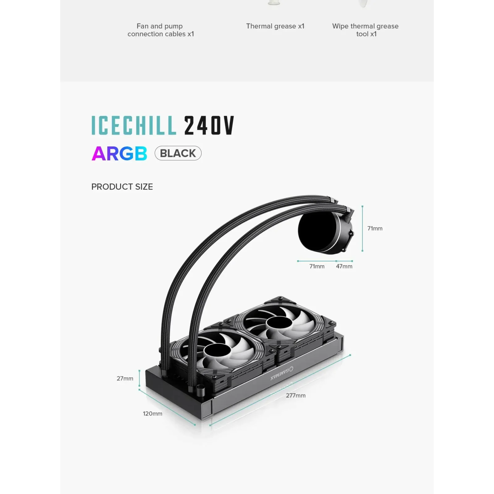 Процессорный кулер GAMEMAX 62.82 CFM, 1.89mmH20, 32dBA, 800 -2000RPM ,water pump: RPM 2300, NOICE 26.9dBA, Con IceChill 240V UA