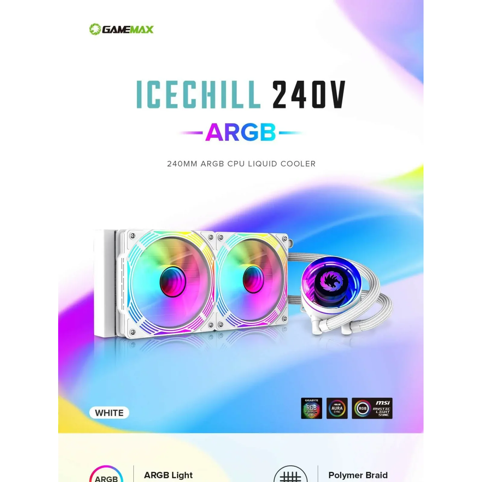 Процессорный кулер GAMEMAX 62.82 CFM, 1.89mmH20, 32dBA, 800 -2000RPM ,water pump: RPM 2300, NOICE 26.9dBA, Con IceChill 240V White UA