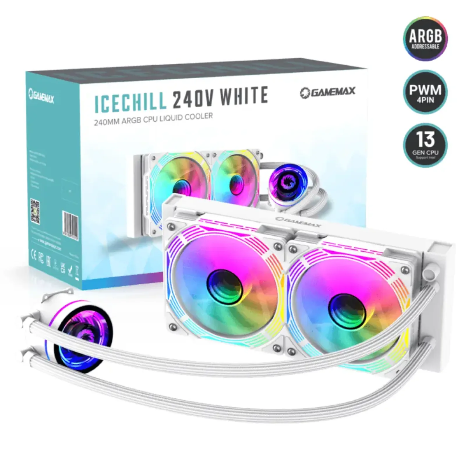 Процессорный кулер GAMEMAX 62.82 CFM, 1.89mmH20, 32dBA, 800 -2000RPM ,water pump: RPM 2300, NOICE 26.9dBA, Con IceChill 240V White UA