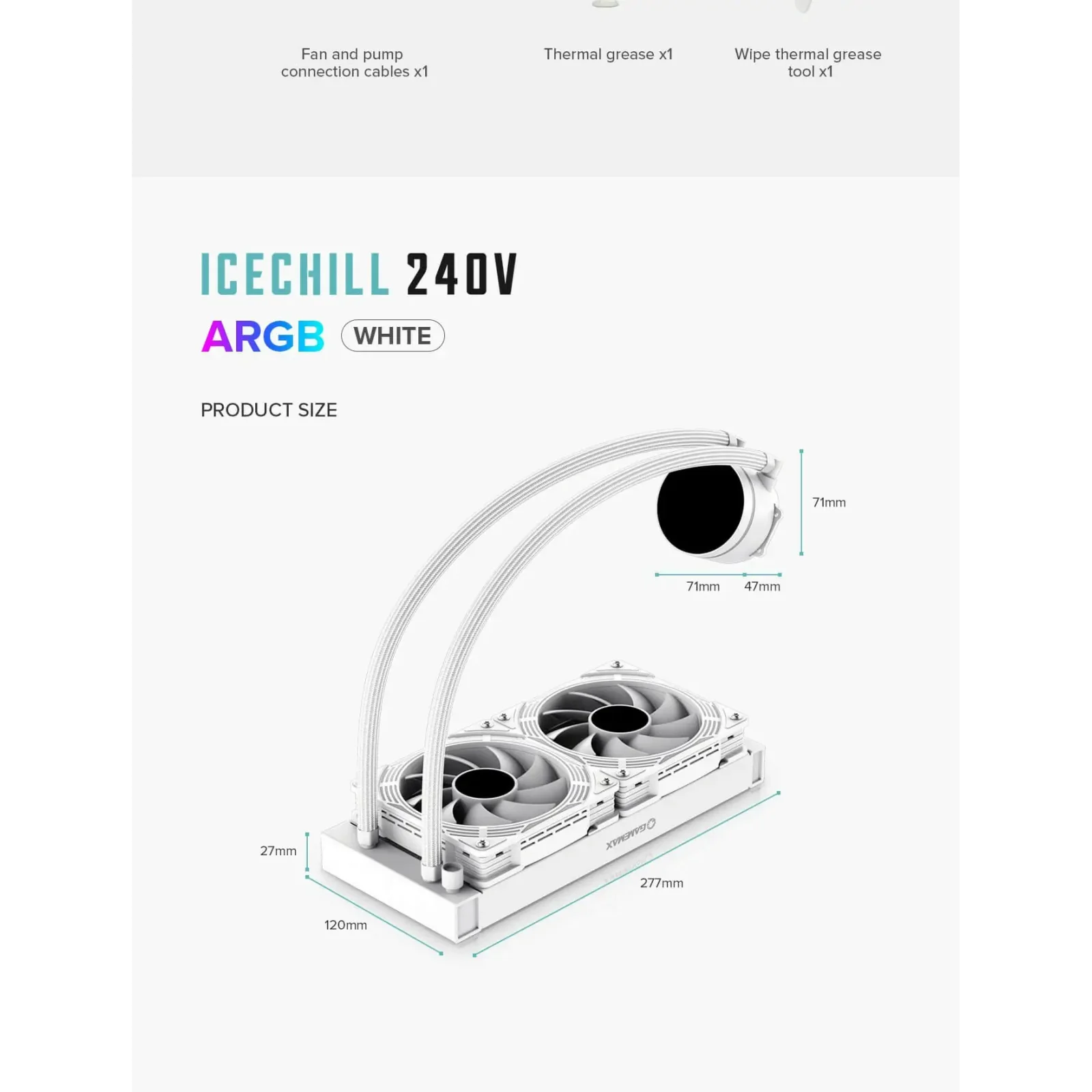 Процессорный кулер GAMEMAX 62.82 CFM, 1.89mmH20, 32dBA, 800 -2000RPM ,water pump: RPM 2300, NOICE 26.9dBA, Con IceChill 240V White UA