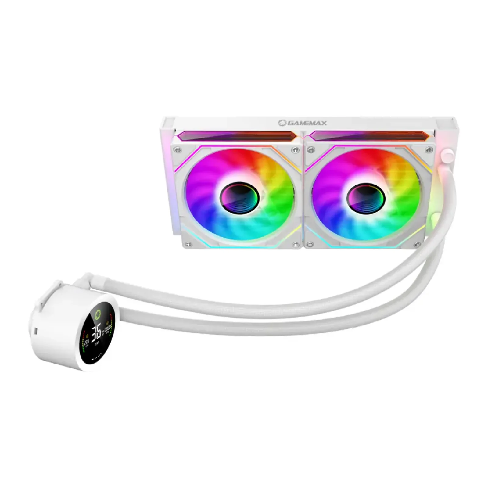 Процессорный кулер GAMEMAX 58.8 CFM, 1.89mmH20, Max: 36.9d B(A), 800-1800RPM ,water pump: RPM 2400, NOICE 26. IceBurg 240 Digital WH UA