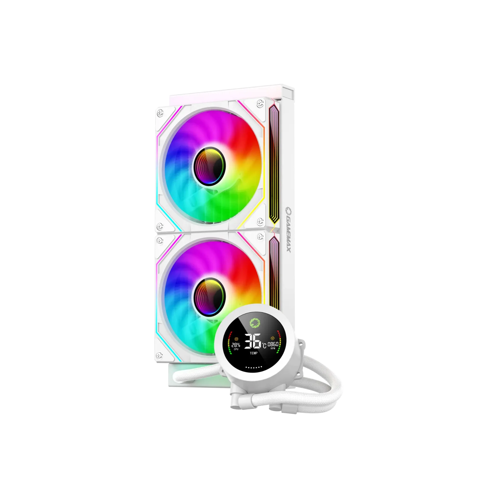 Процессорный кулер GAMEMAX 58.8 CFM, 1.89mmH20, Max: 36.9d B(A), 800-1800RPM ,water pump: RPM 2400, NOICE 26. IceBurg 240 Digital WH UA
