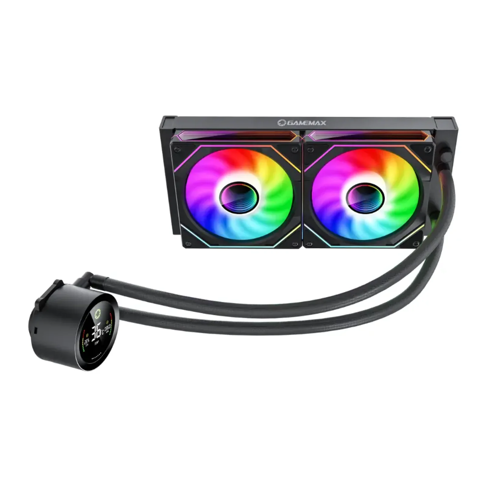 Процесорний кулер GAMEMAX 58.8 CFM, 1.89mmH20, Max: 36.9d B(A）, 800-1800RPM ,water pump: RPM 2400, NOICE 26. IceBurg 240 Digital BK UA