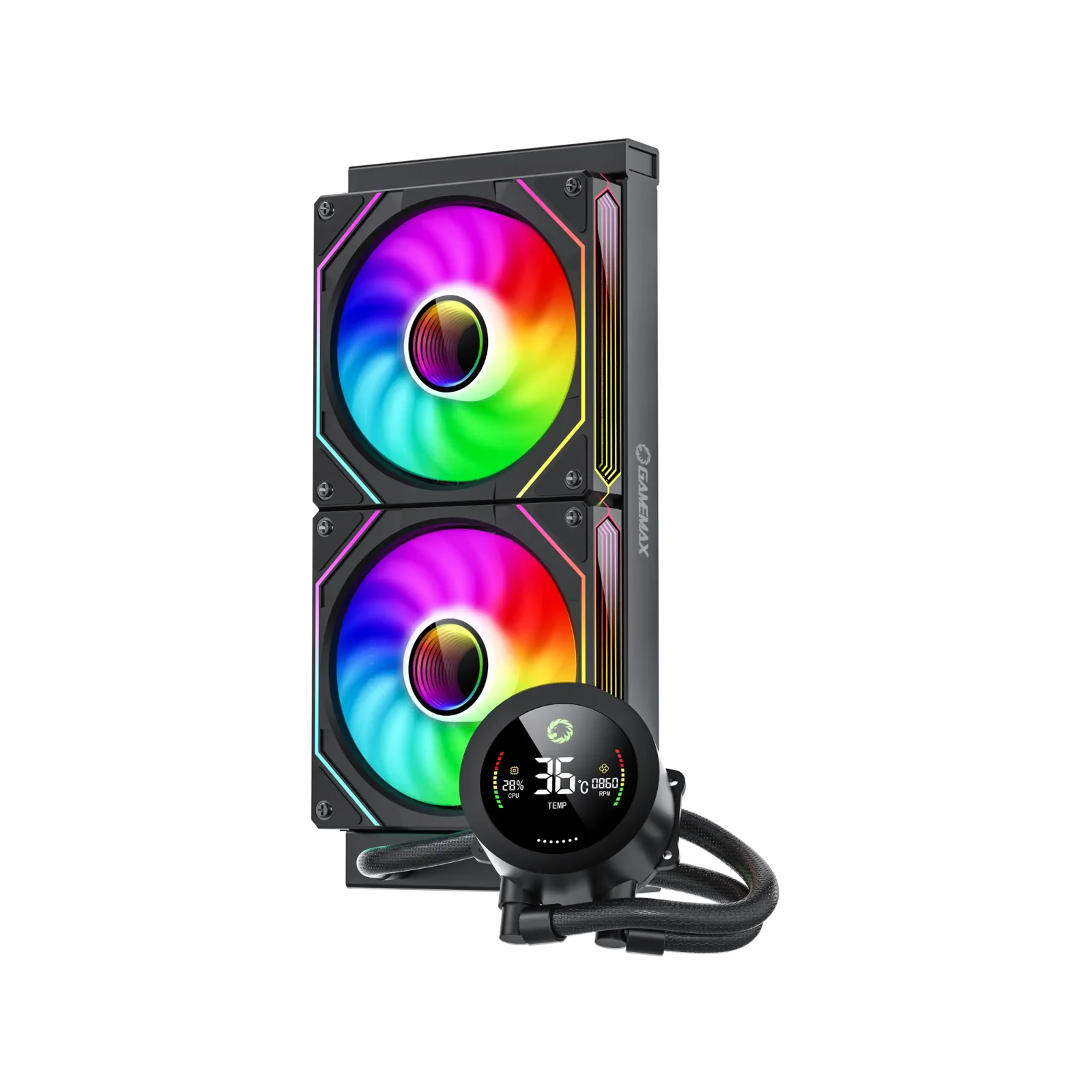 Процесорний кулер GAMEMAX 58.8 CFM, 1.89mmH20, Max: 36.9d B(A）, 800-1800RPM ,water pump: RPM 2400, NOICE 26. IceBurg 240 Digital BK UA