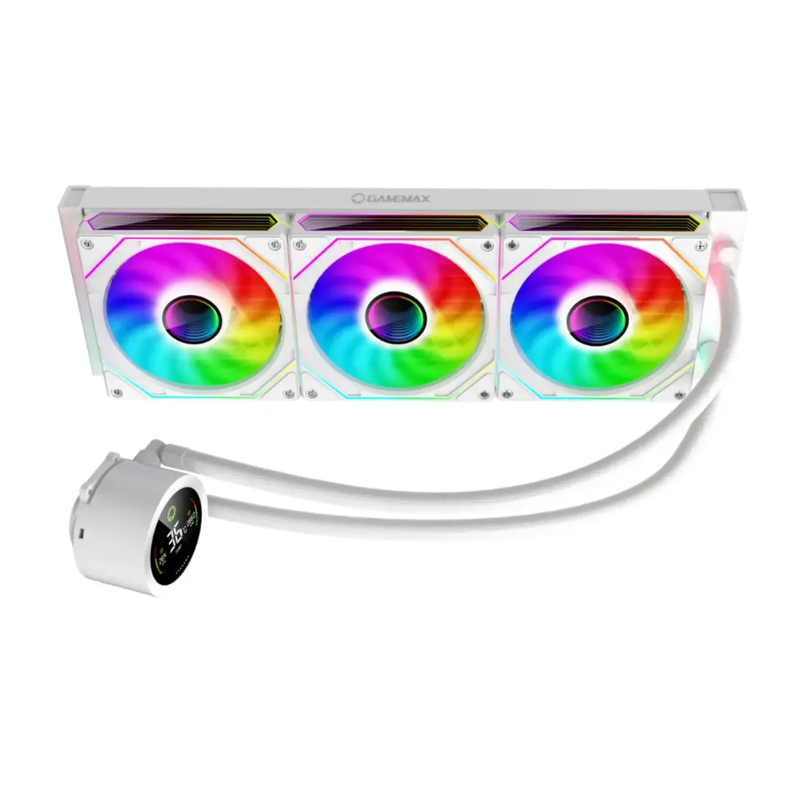 Процессорный кулер GAMEMAX 58.8 CFM, 1.89mmH20, Max: 36.9d B(A）, 800-1800RPM ,water pump: RPM 2400, NOICE 26. IceBurg 360 Digital WH UA