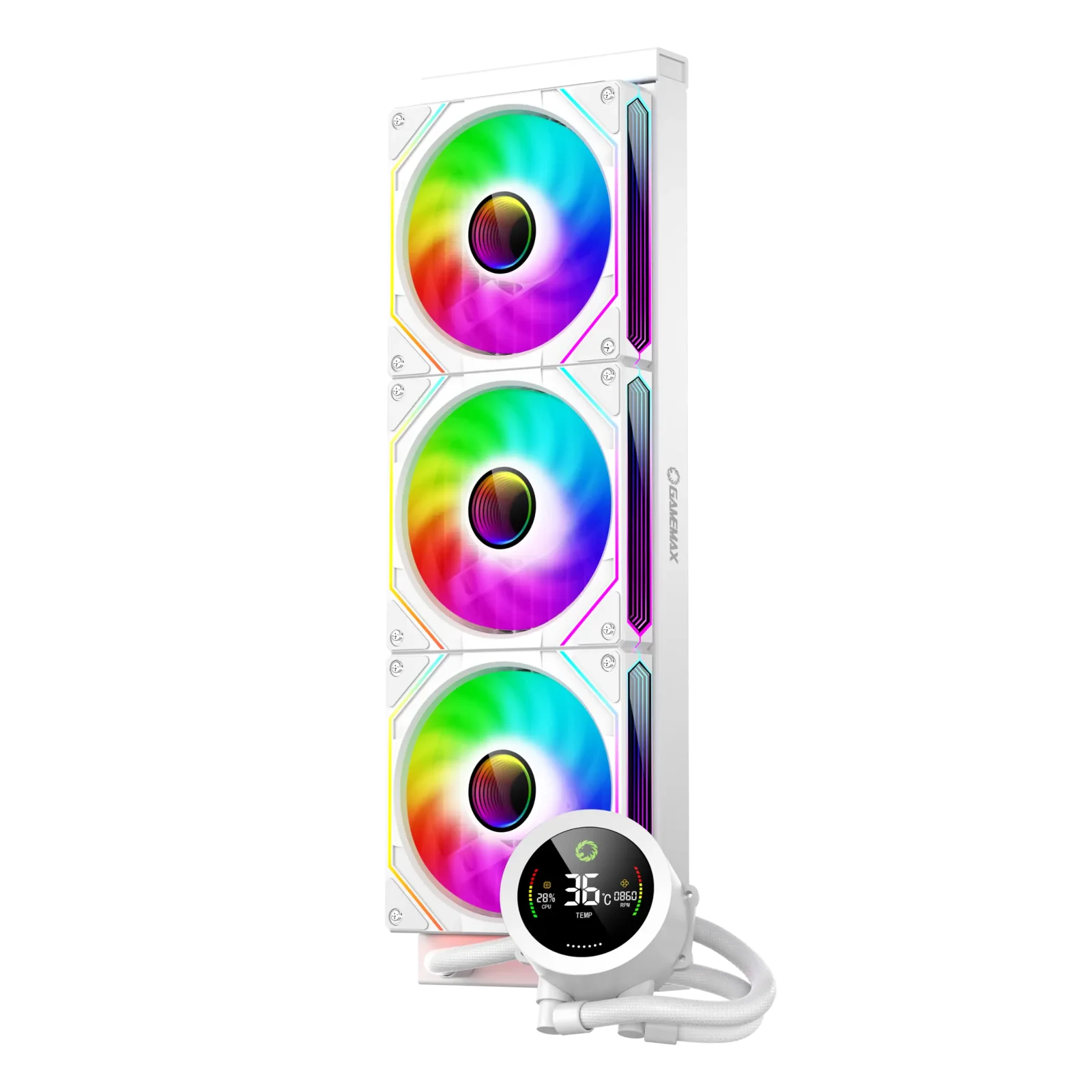 Процессорный кулер GAMEMAX 58.8 CFM, 1.89mmH20, Max: 36.9d B(A）, 800-1800RPM ,water pump: RPM 2400, NOICE 26. IceBurg 360 Digital WH UA