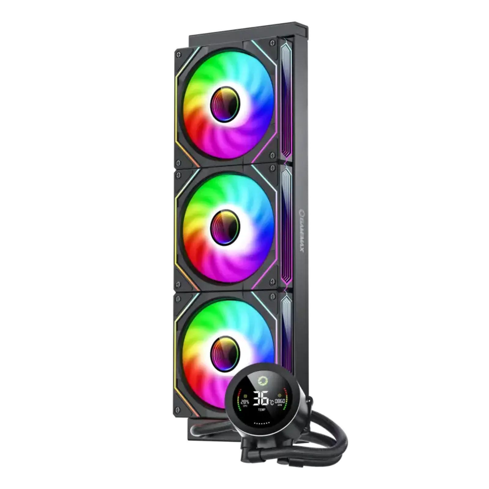 Процессорный кулер GAMEMAX 58.8 CFM, 1.89mmH20, Max: 36.9d B(A）, 800-1800RPM ,water pump: RPM 2400, NOICE 26. IceBurg 360 Digital BK UA