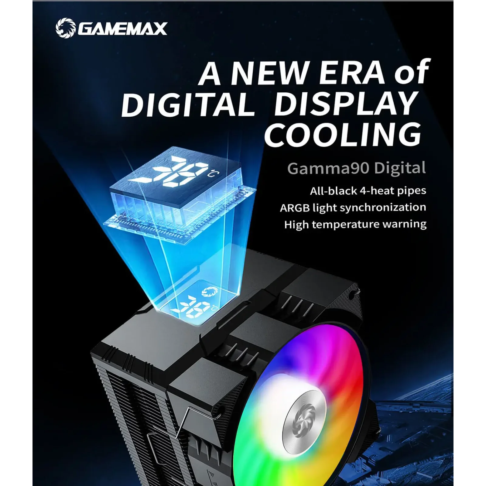 Процесорний кулер GAMEMAX Intel:1851/1700/1366/1200/115X; AMD: AM5/AM4, TDP 190W, Air Flow 48.8 CFM Gamma 90 Digital BK UA