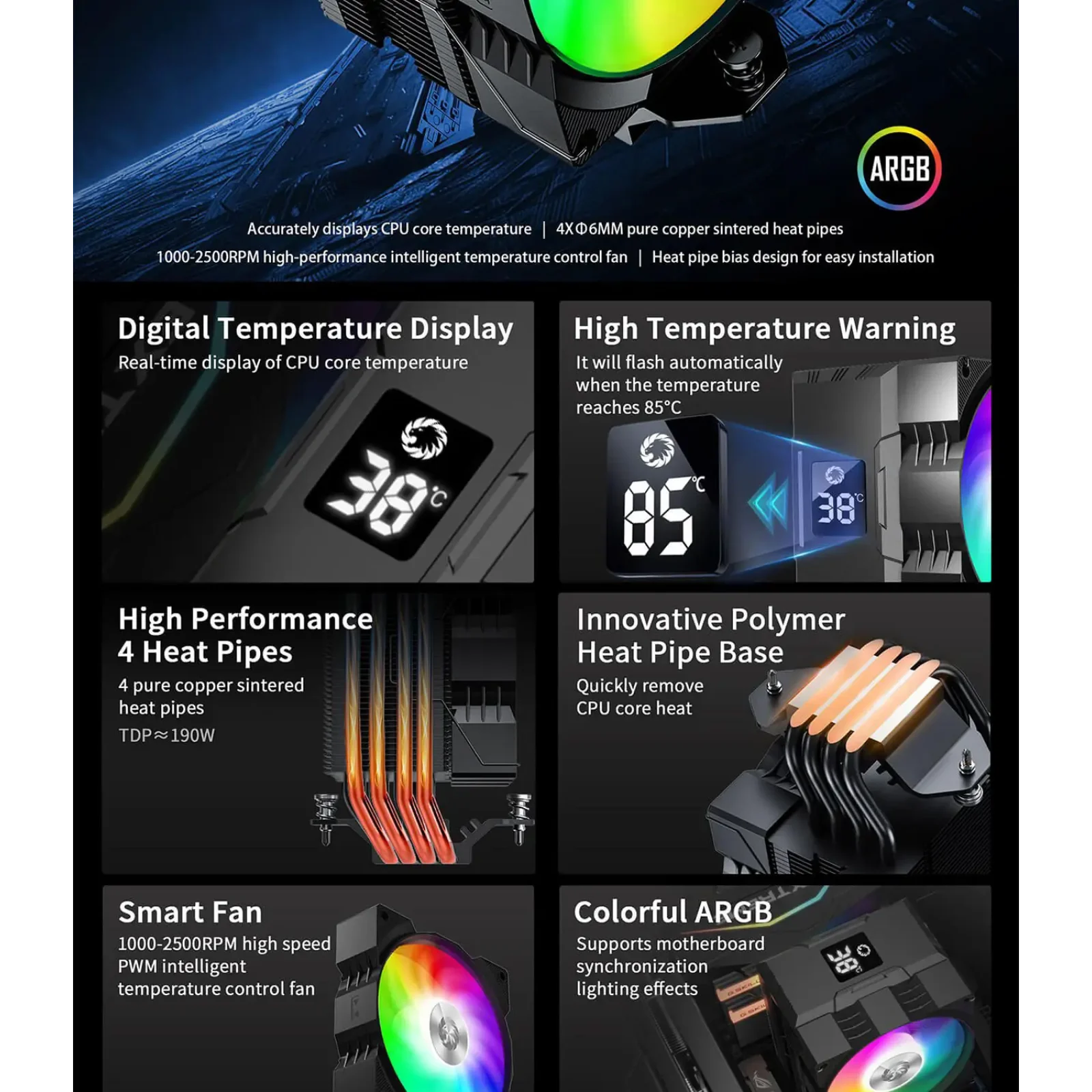 Процесорний кулер GAMEMAX Intel:1851/1700/1366/1200/115X; AMD: AM5/AM4, TDP 190W, Air Flow 48.8 CFM Gamma 90 Digital BK UA