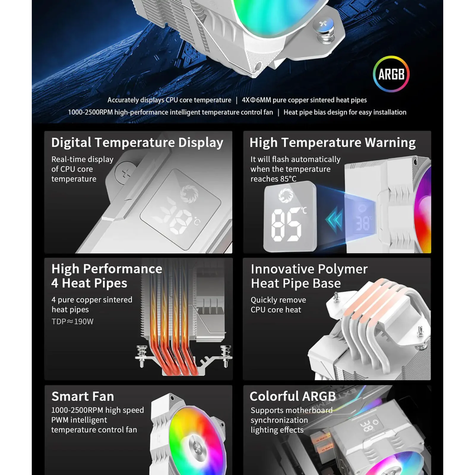 Процесорний кулер GAMEMAX Intel:1851/1700/1366/1200/115X; AMD: AM5/AM4, TDP 190W, Air Flow 48.8 CFM Gamma 90 Digital WH UA