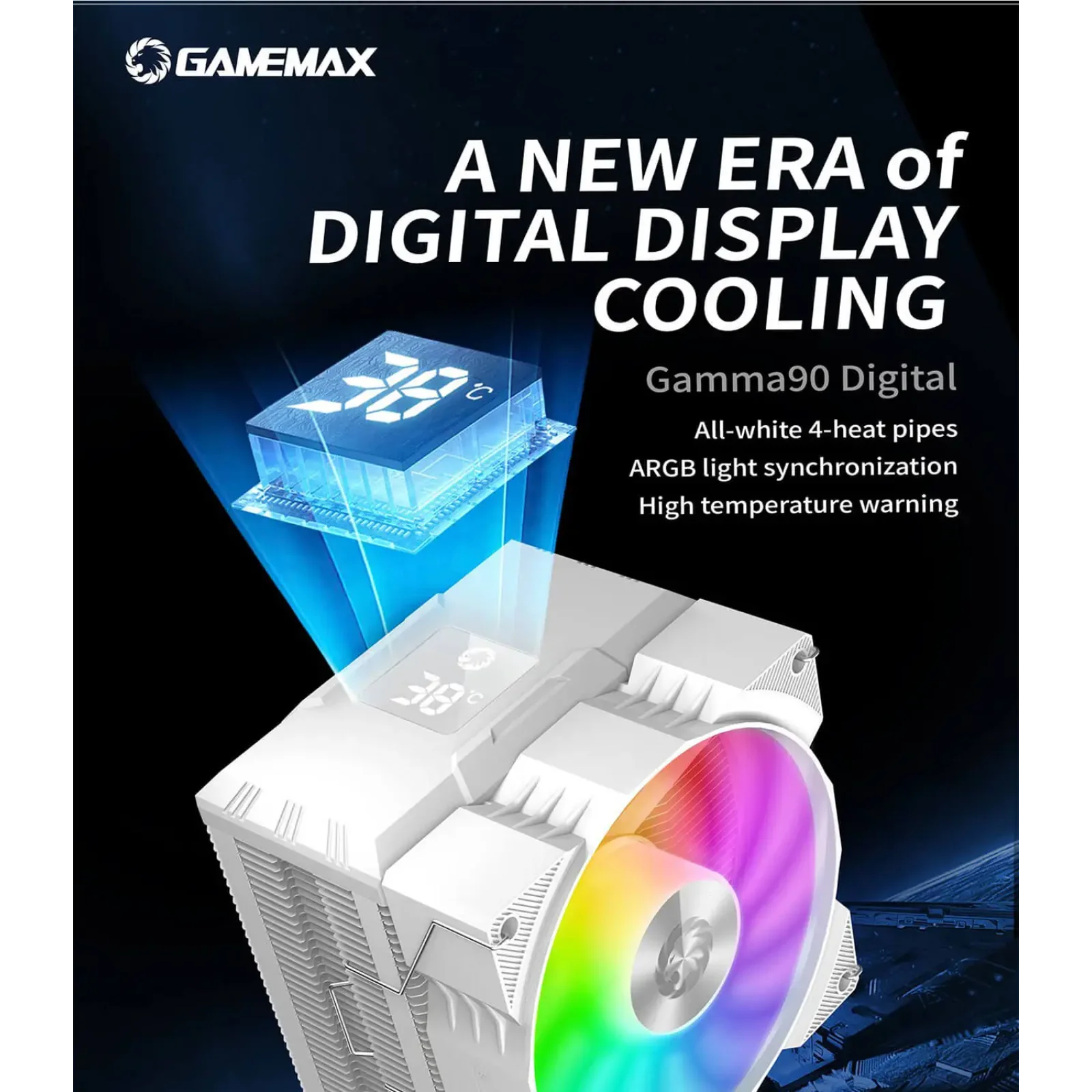 Процесорний кулер GAMEMAX Intel:1851/1700/1366/1200/115X; AMD: AM5/AM4, TDP 190W, Air Flow 48.8 CFM Gamma 90 Digital WH UA