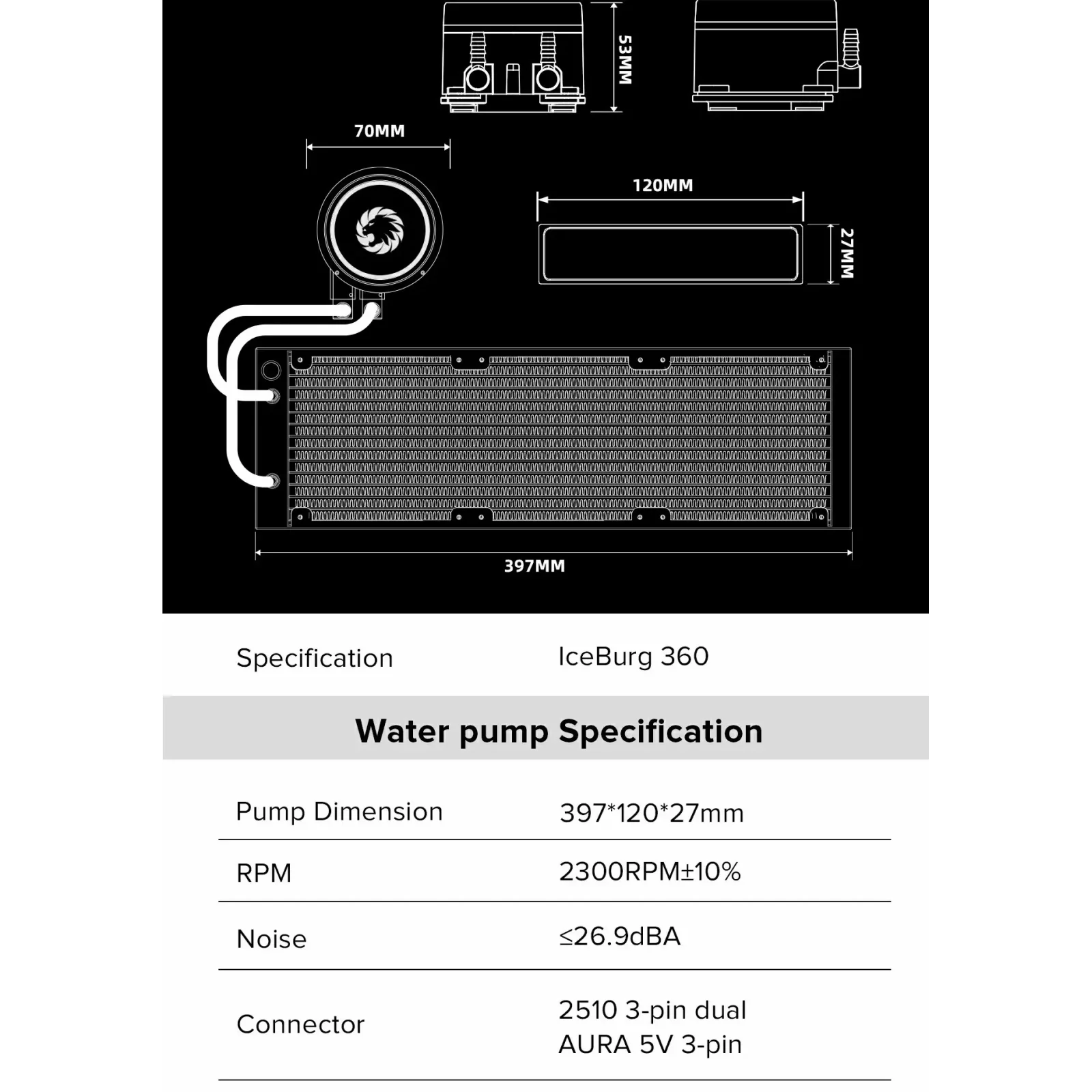 Процесорний кулер GAMEMAX 62.82 CFM, 1.89mmH20, 32dBA, 800 -2000RPM water pump: RPM 2300, NOICE 26.9dBA, Con IceBurg 360 Infinity WH UA